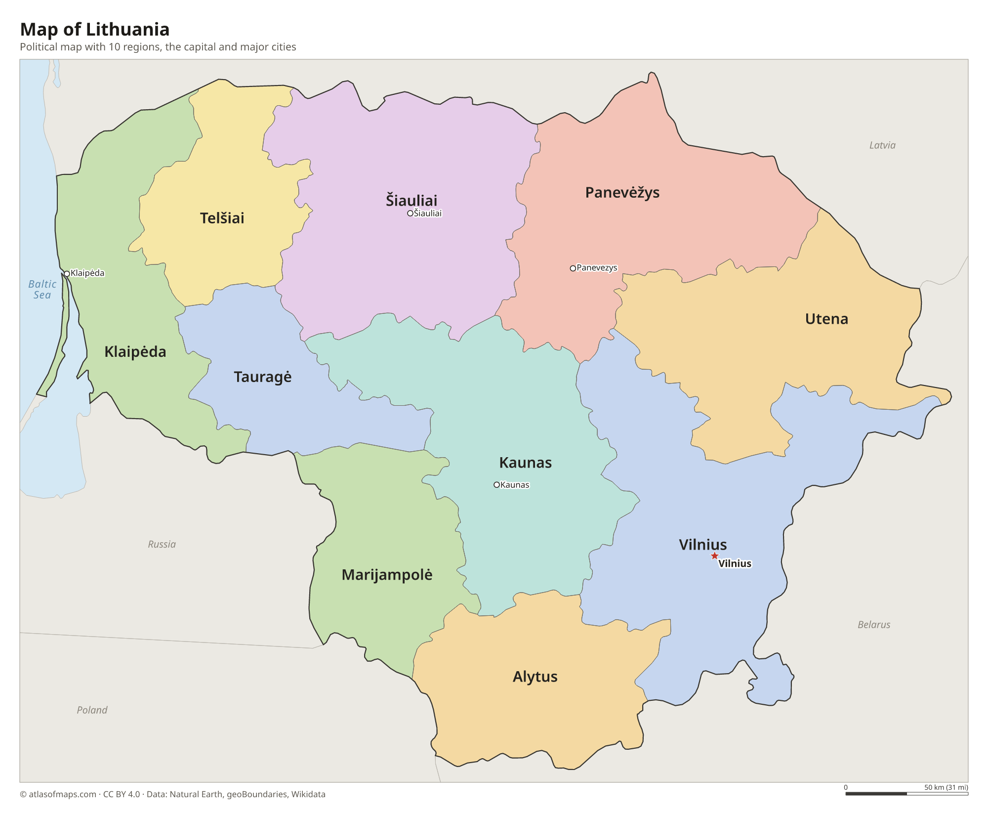 Political map of Lithuania with its regions and the capital Vilnius