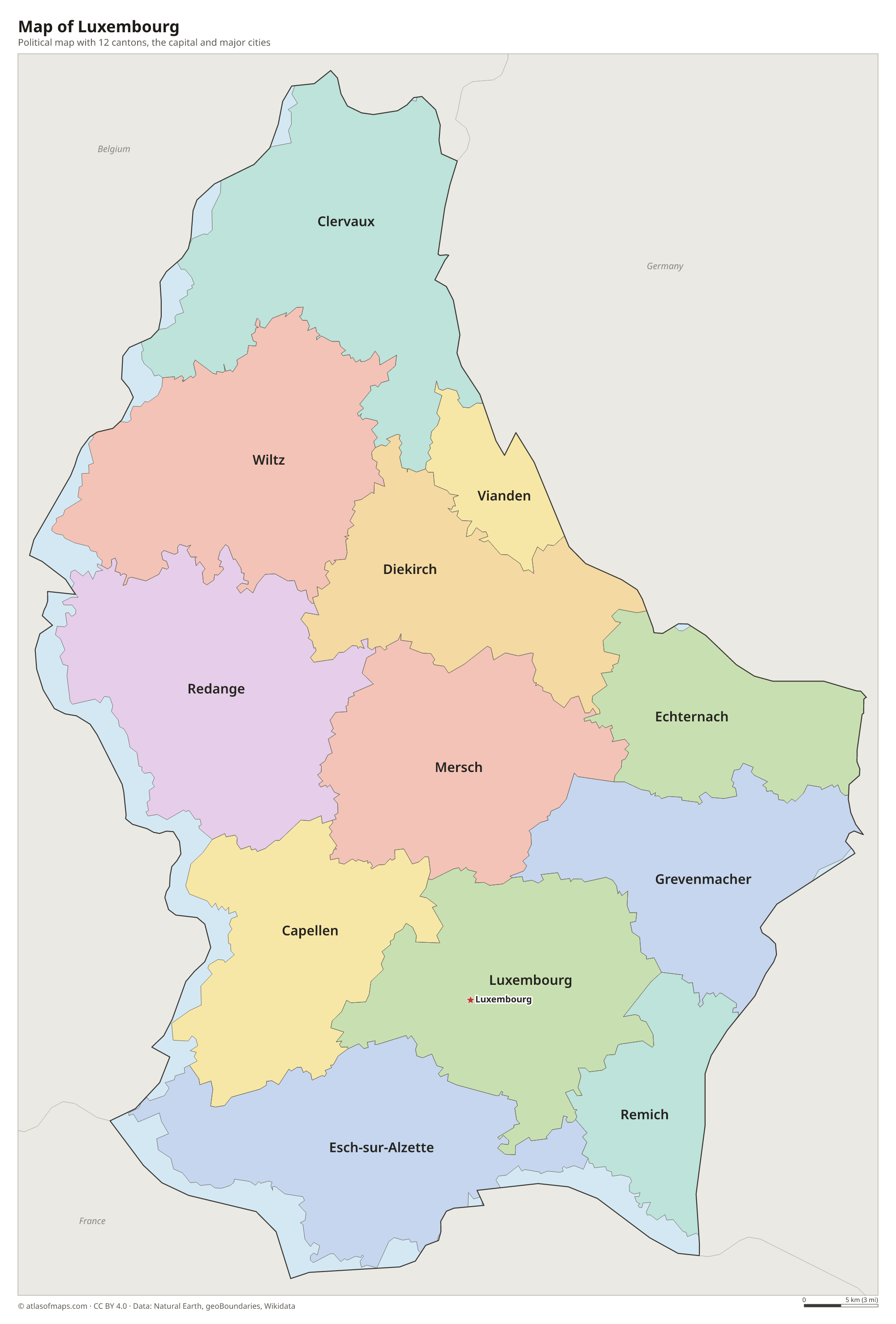 Political map of Luxembourg with its cantons and the capital Luxembourg