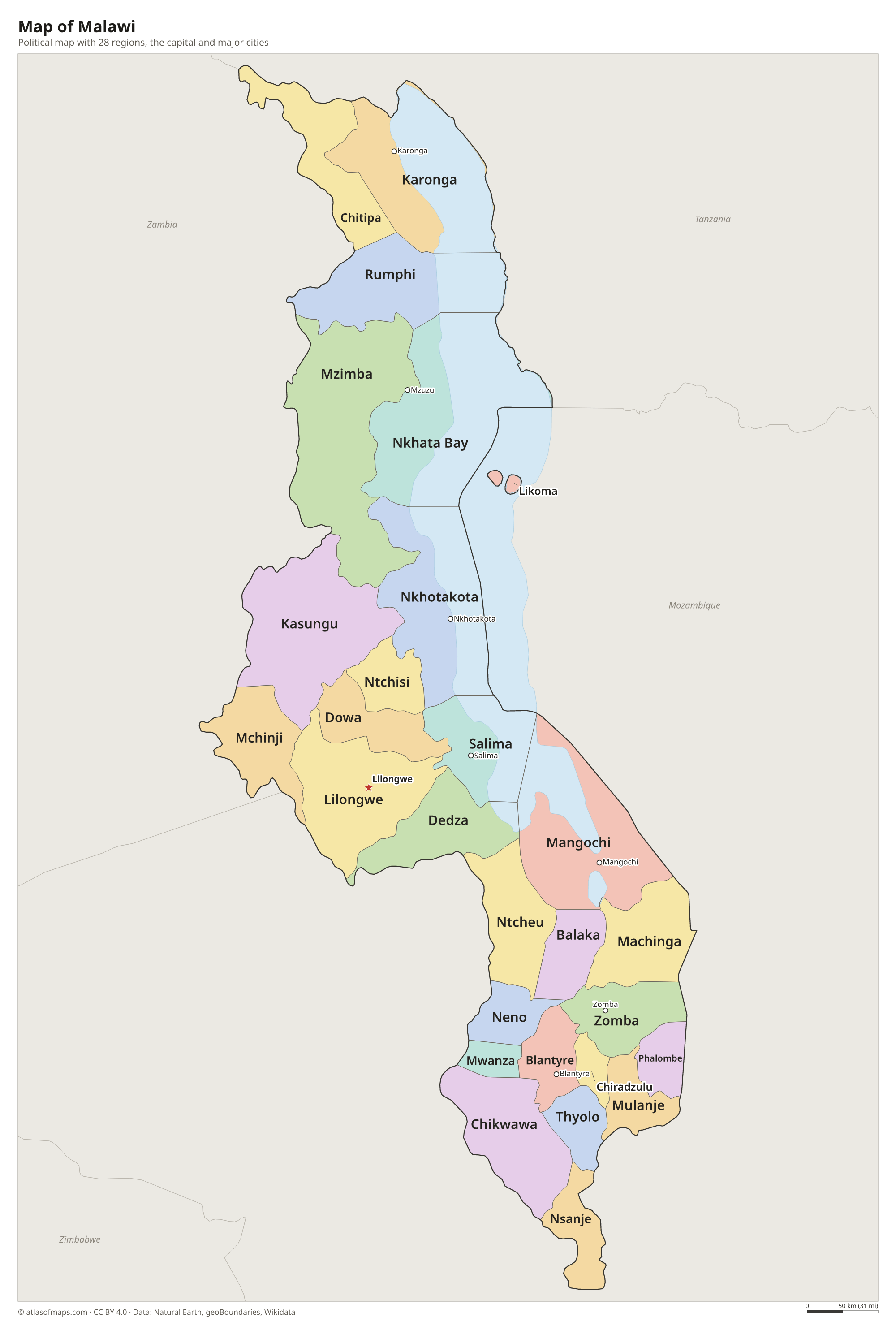 Political map of Malawi with its regions and the capital Lilongwe
