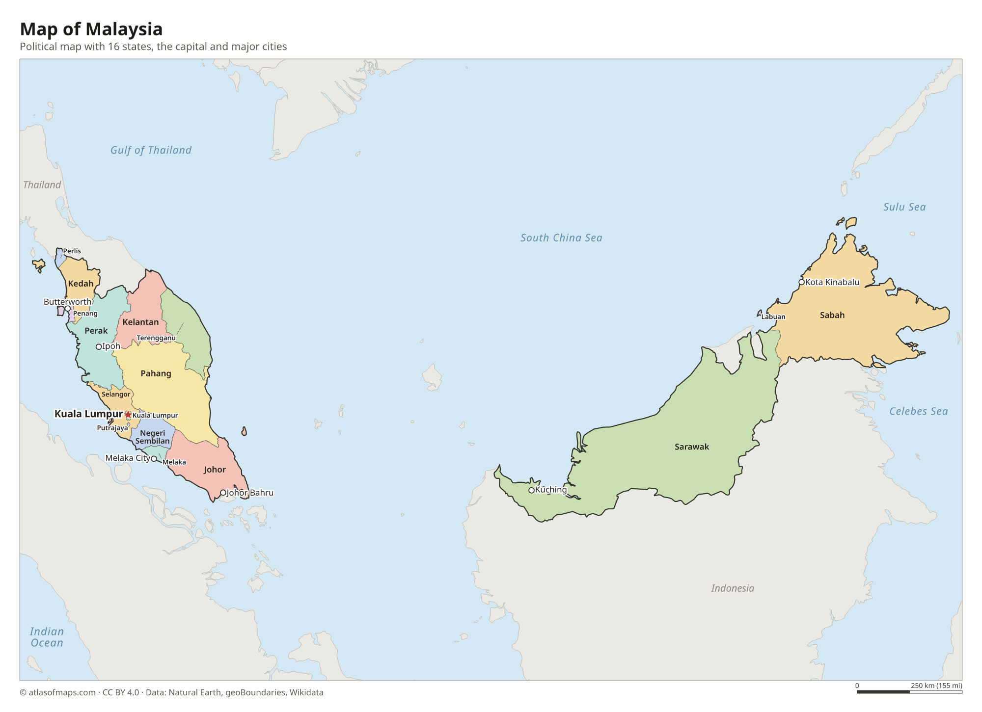 Political map of Malaysia with its states and the capital Kuala Lumpur