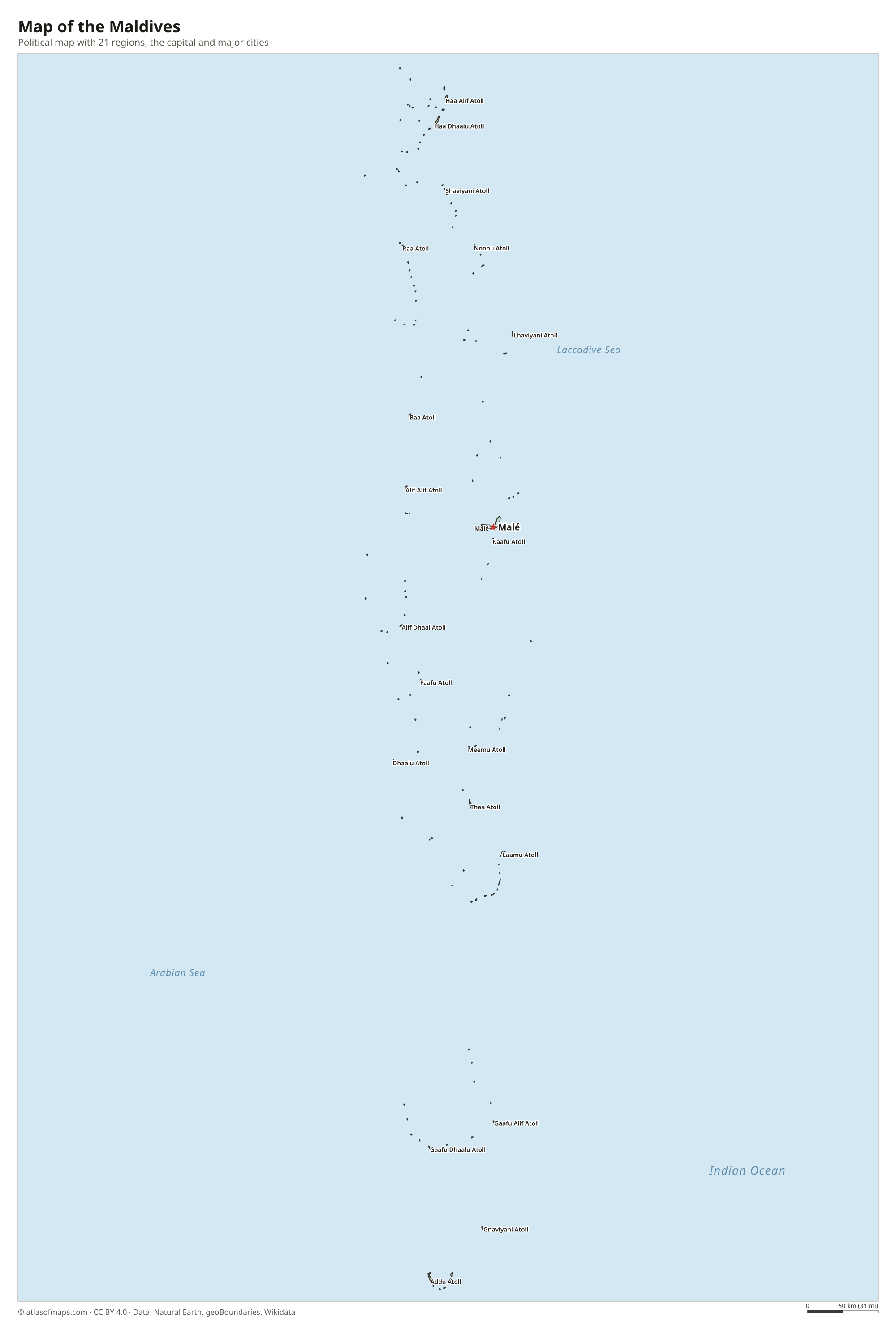 Political map of the Maldives with its regions and the capital Malé