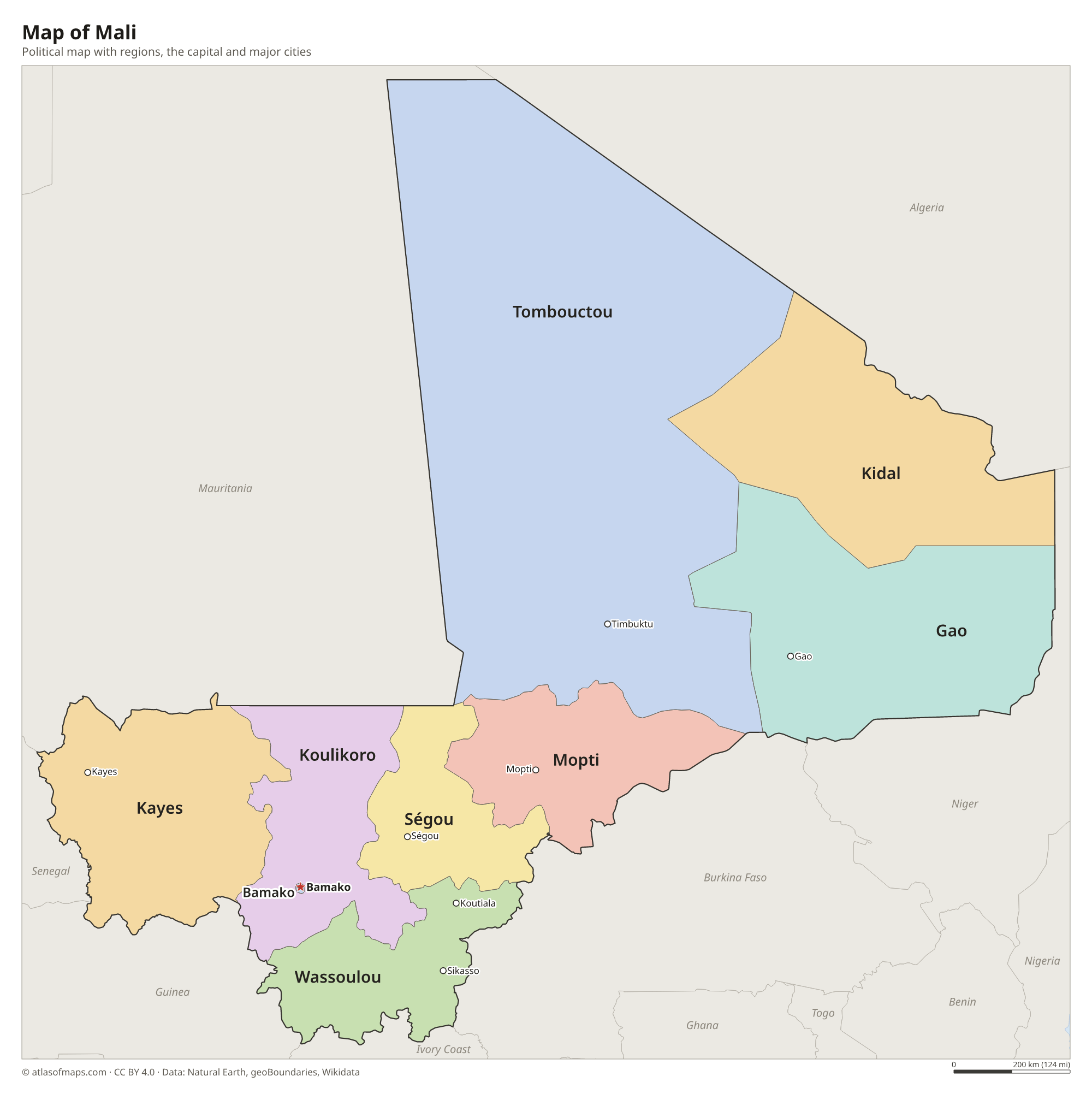Political map of Mali with its regions and the capital Bamako