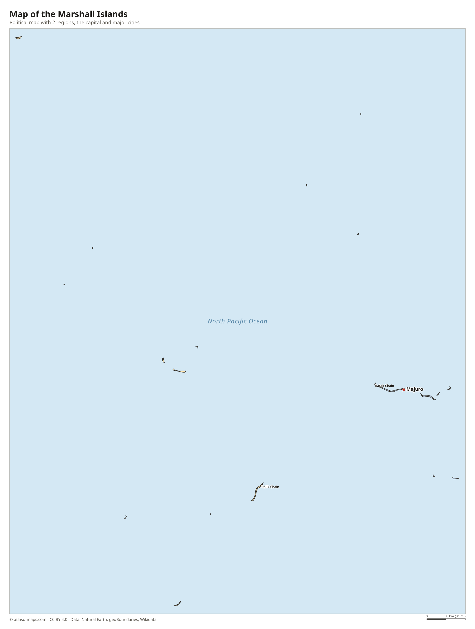Political map of the Marshall Islands with its regions and the capital Majuro