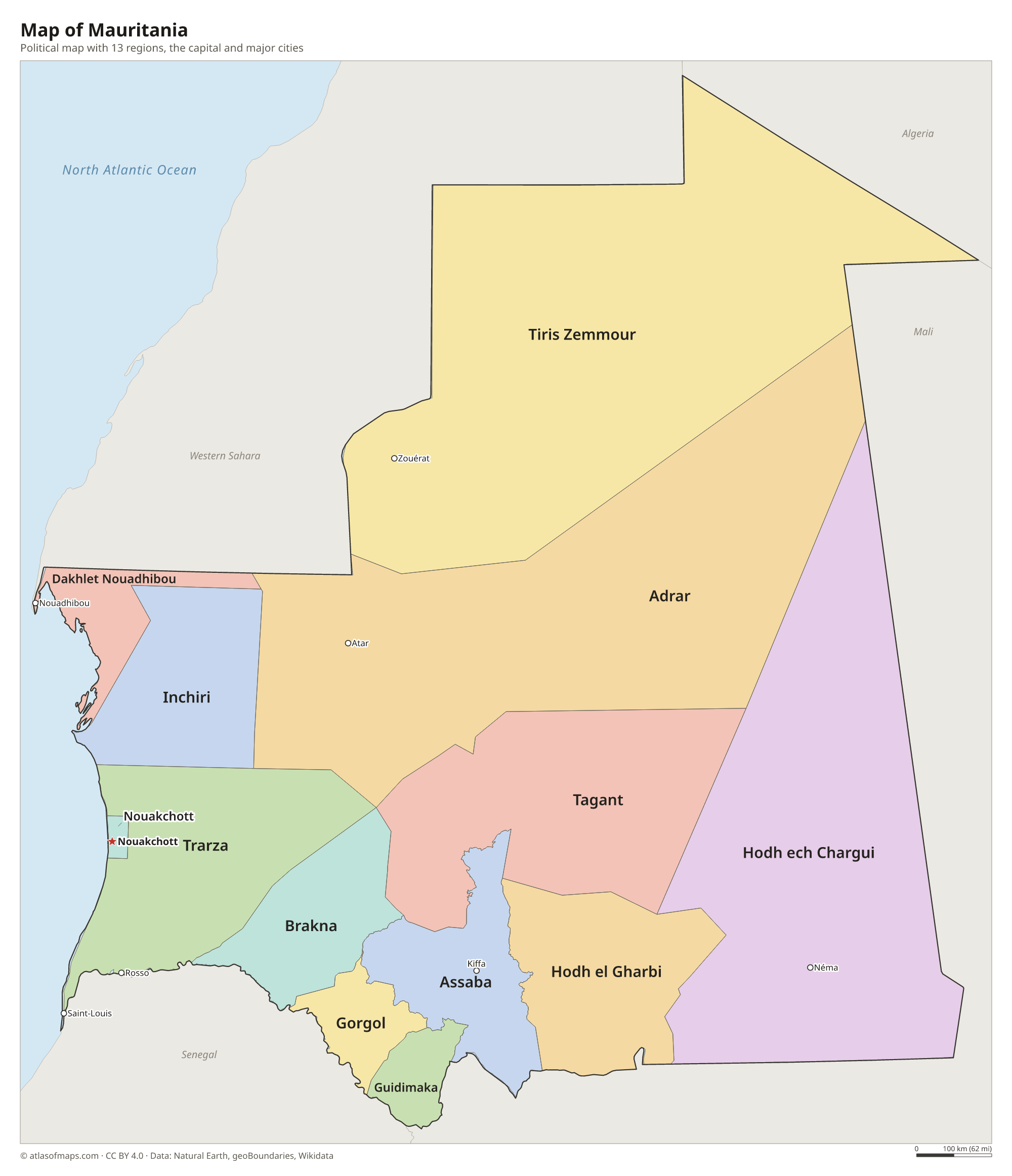 Political map of Mauritania with its regions and the capital Nouakchott