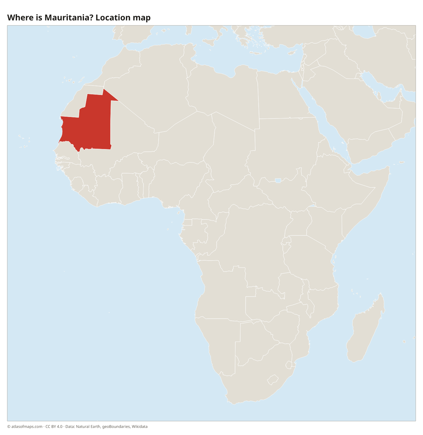 Where is Mauritania? Location map with Mauritania highlighted in red