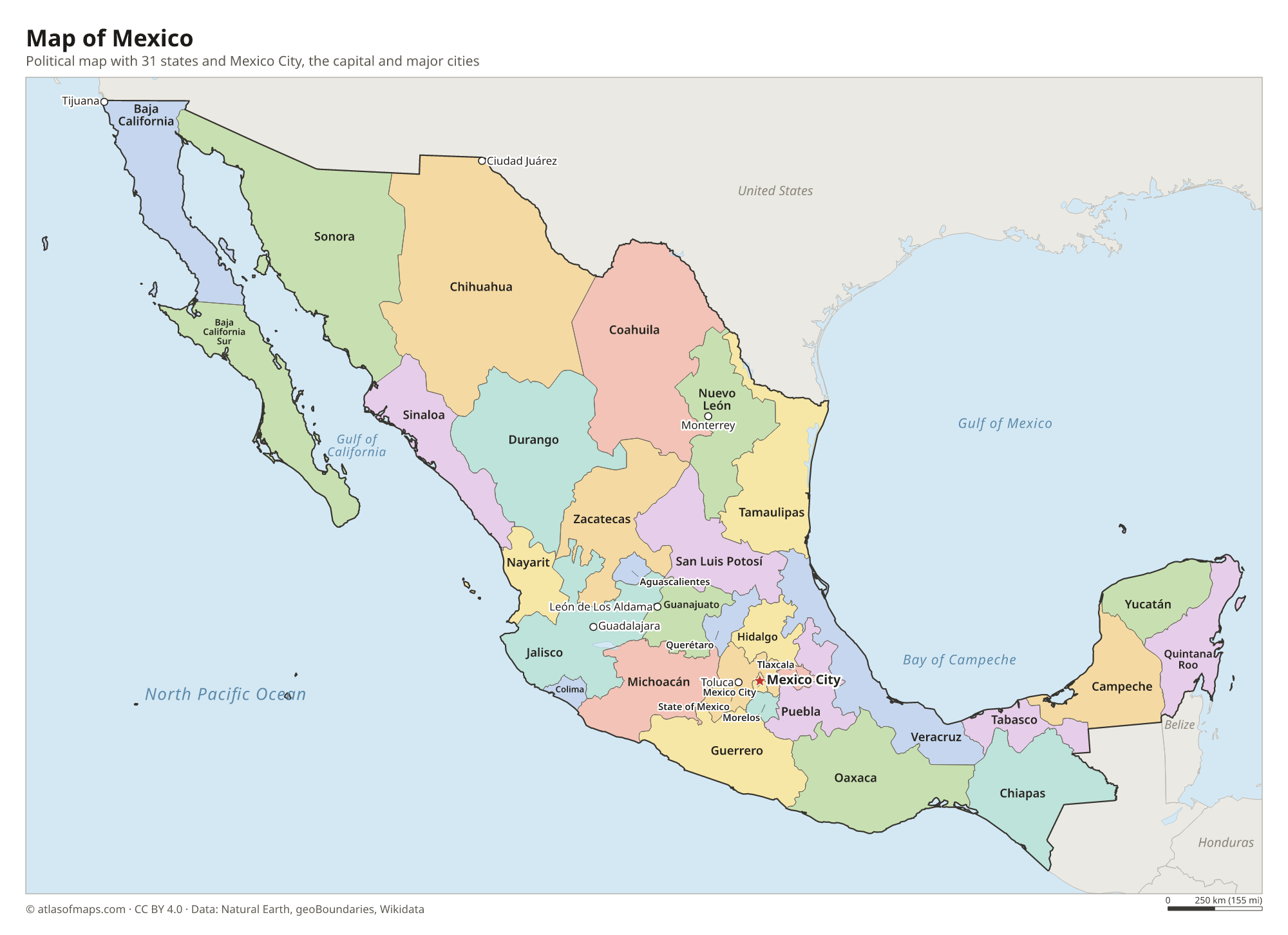 Political map of Mexico with its states and the capital Mexico City