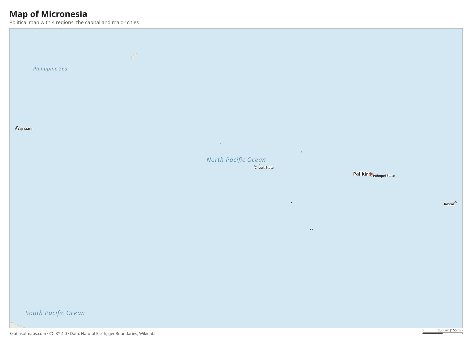 Political map of Micronesia with its regions and the capital Palikir