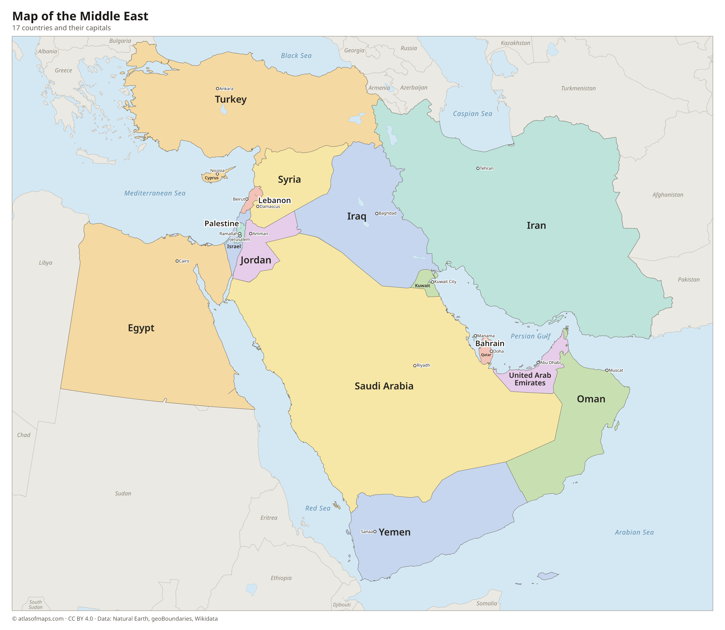Map of the Middle East with the countries and their capitals