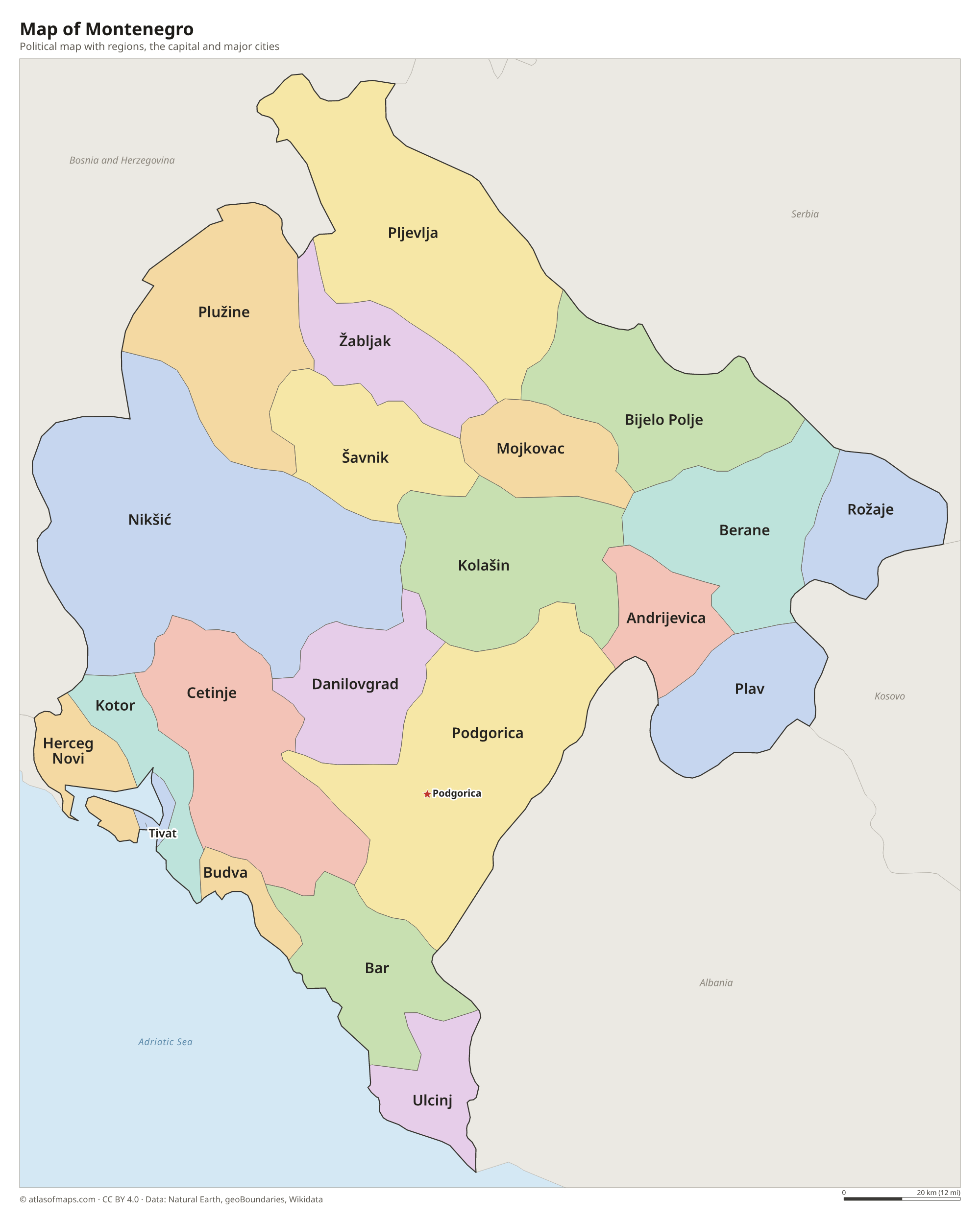 Political map of Montenegro with its regions and the capital Podgorica