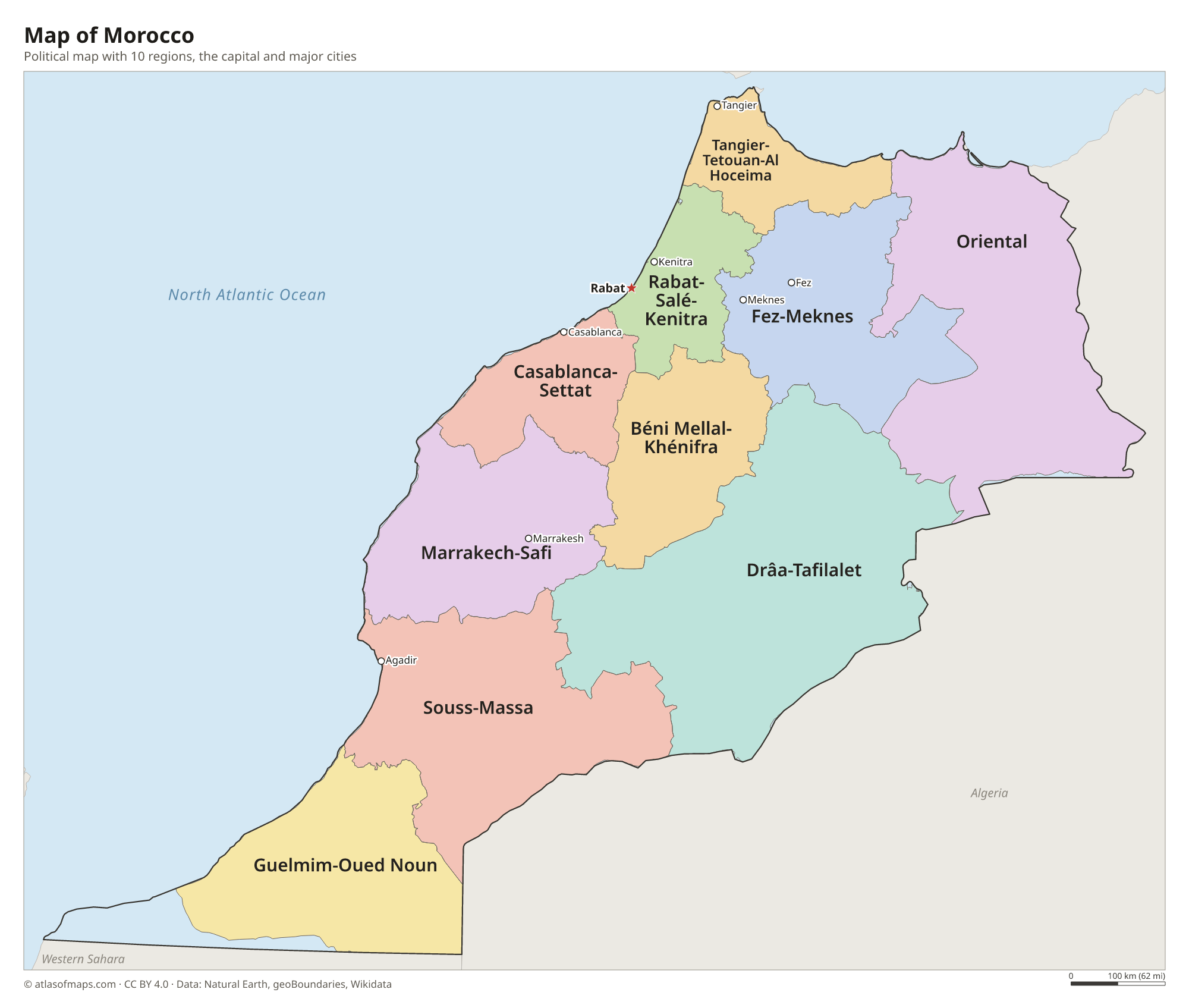 Political map of Morocco with its regions and the capital Rabat