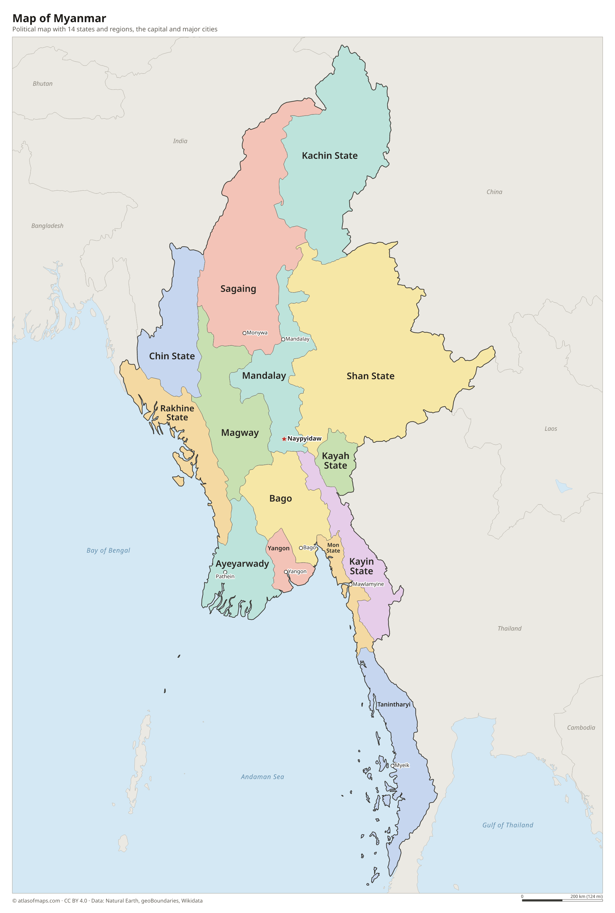 Political map of Myanmar with its states and regions and the capital Naypyidaw