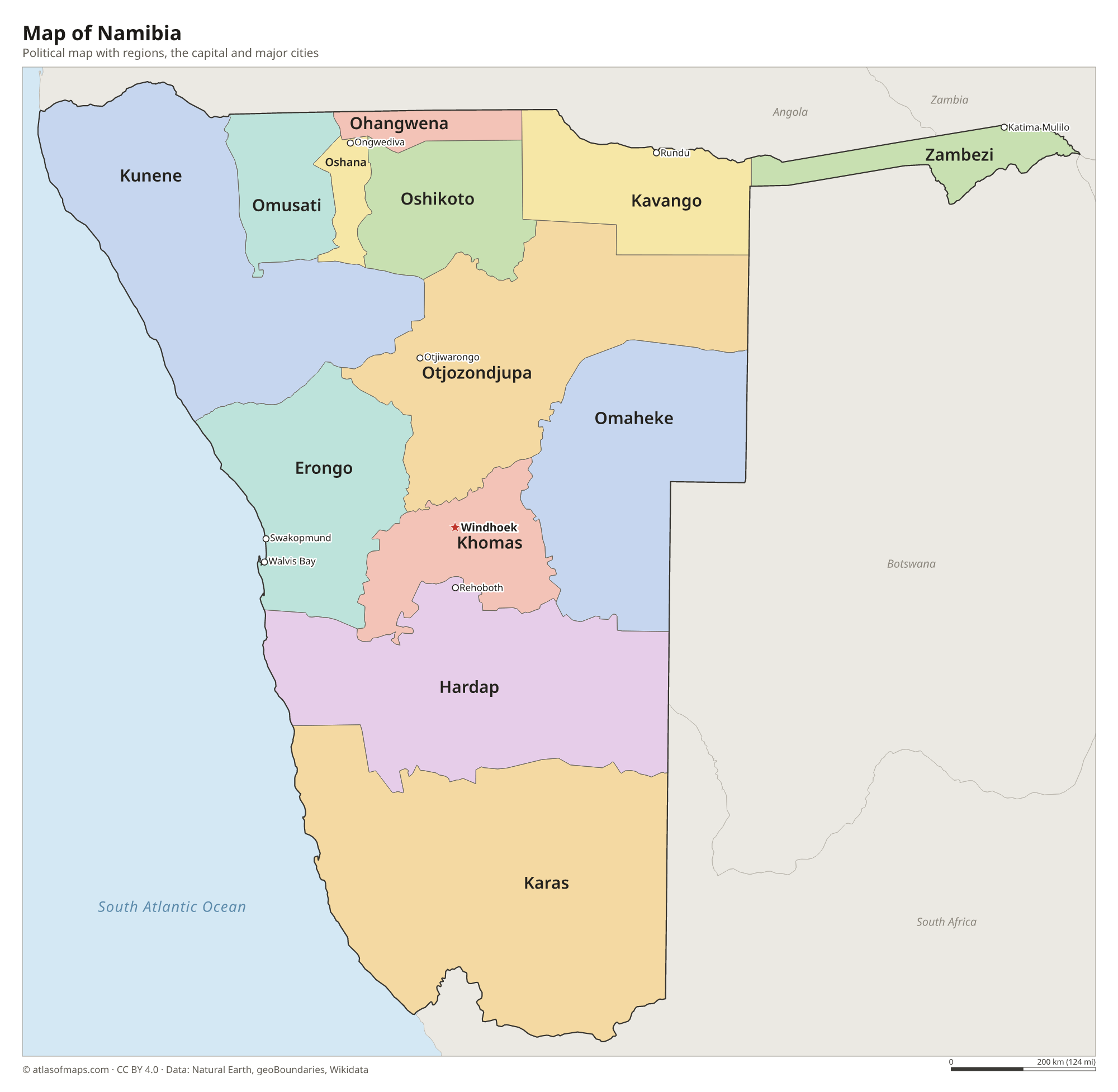 Political map of Namibia with its regions and the capital Windhoek