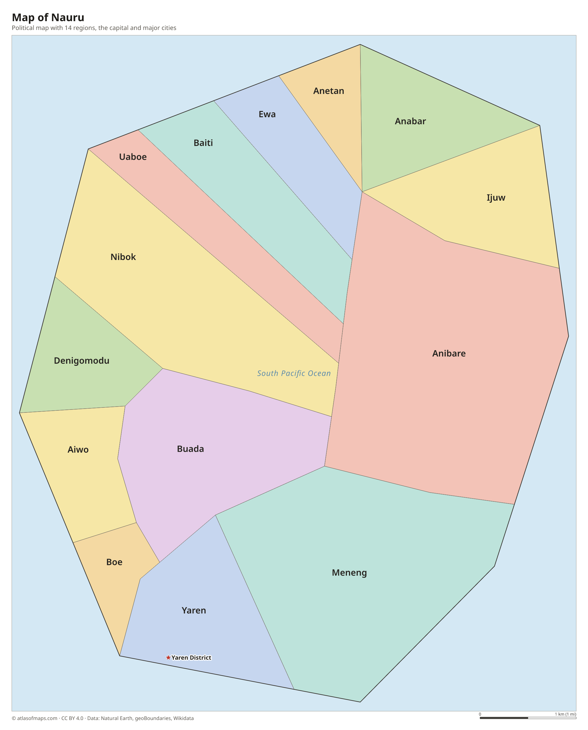 Political map of Nauru with its regions and the capital Yaren District