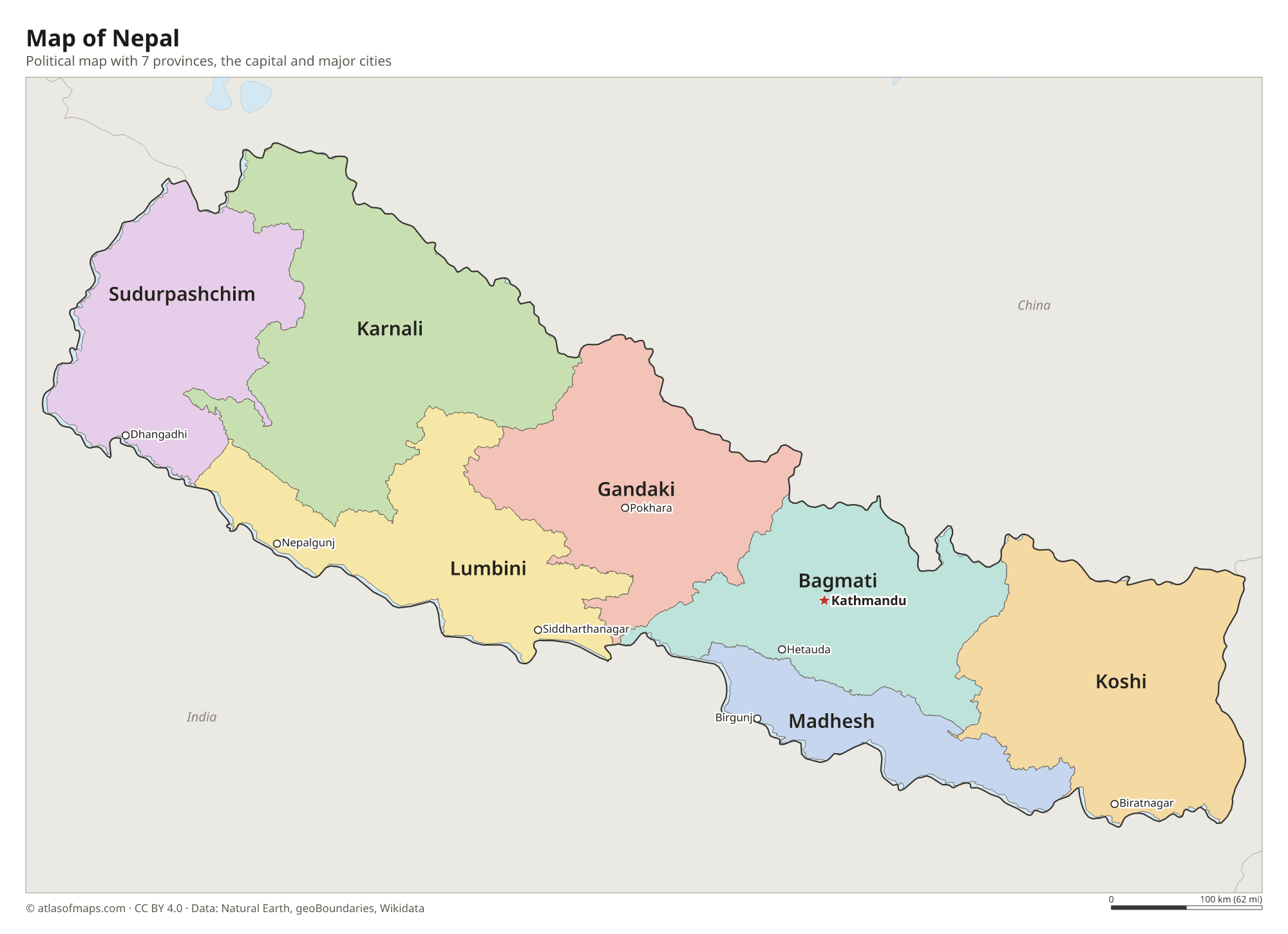 Political map of Nepal with its provinces and the capital Kathmandu