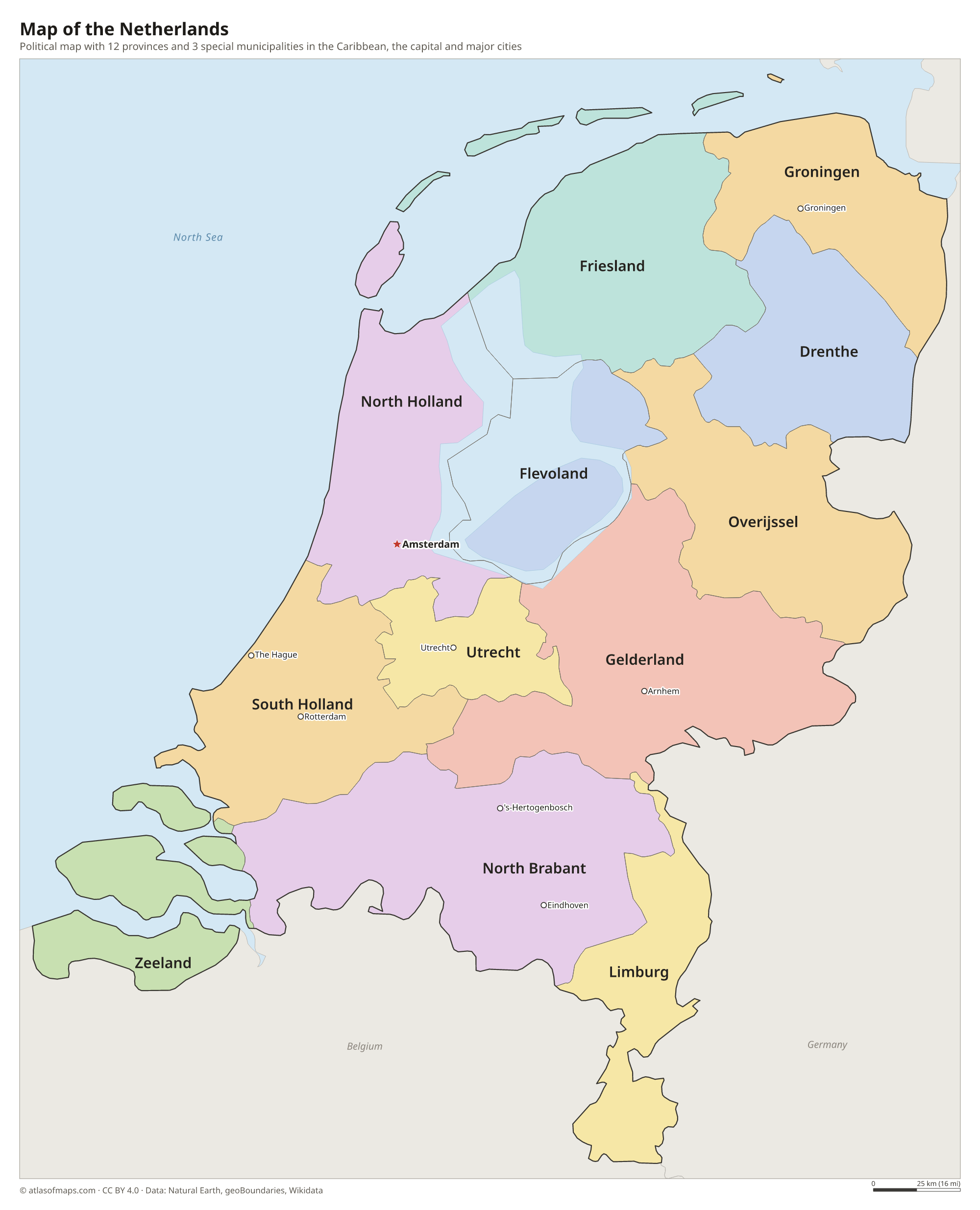 Political map of the Netherlands with its provinces and the capital Amsterdam
