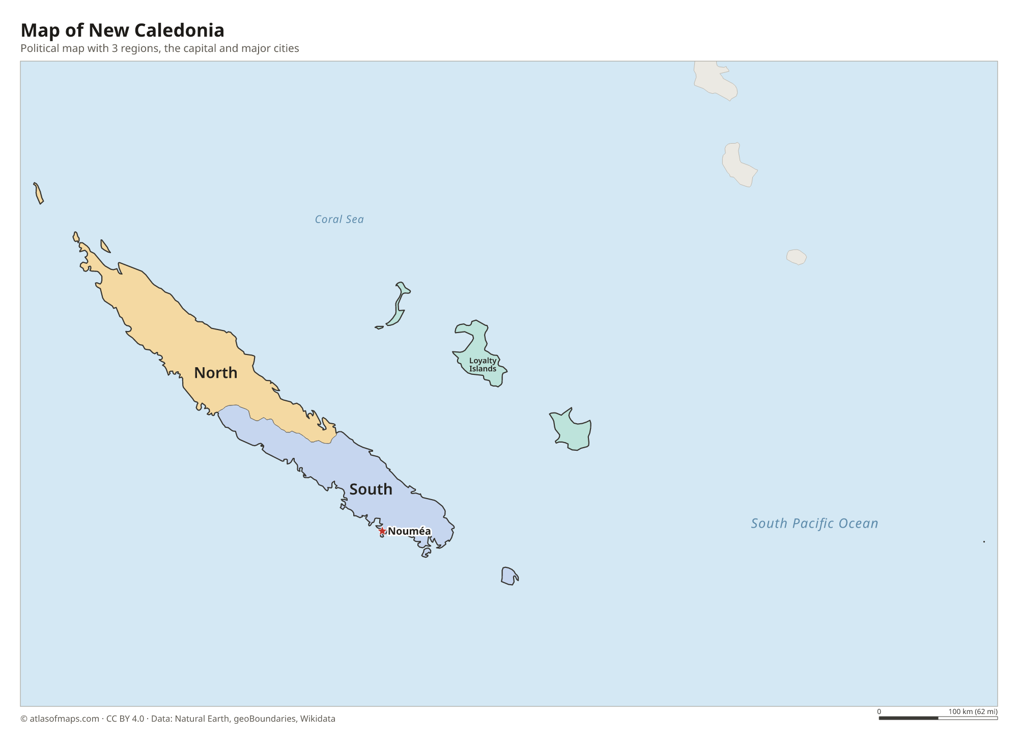 Political map of New Caledonia with its regions and the capital Nouméa
