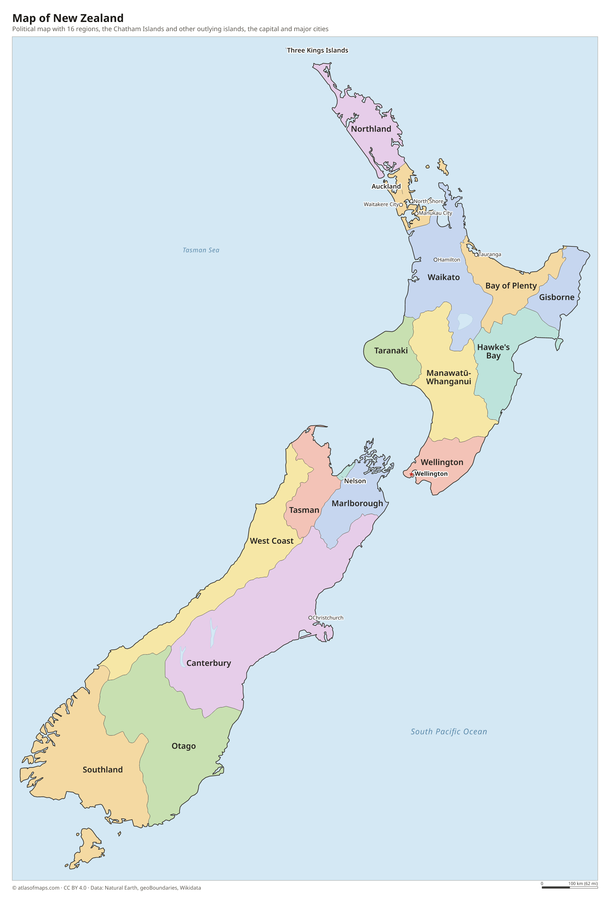 Political map of New Zealand with its regions and the capital Wellington