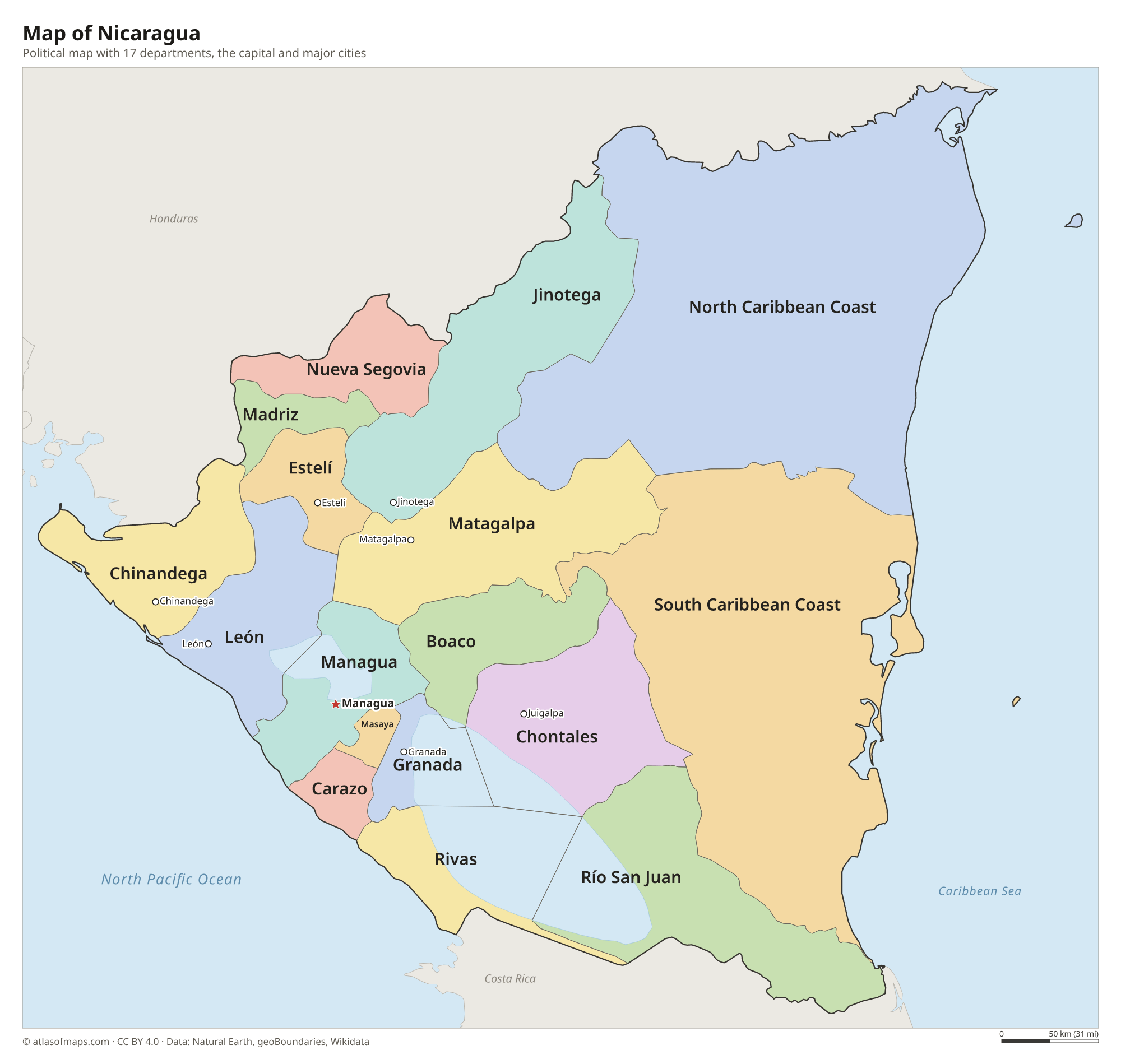 Political map of Nicaragua with its departments and the capital Managua