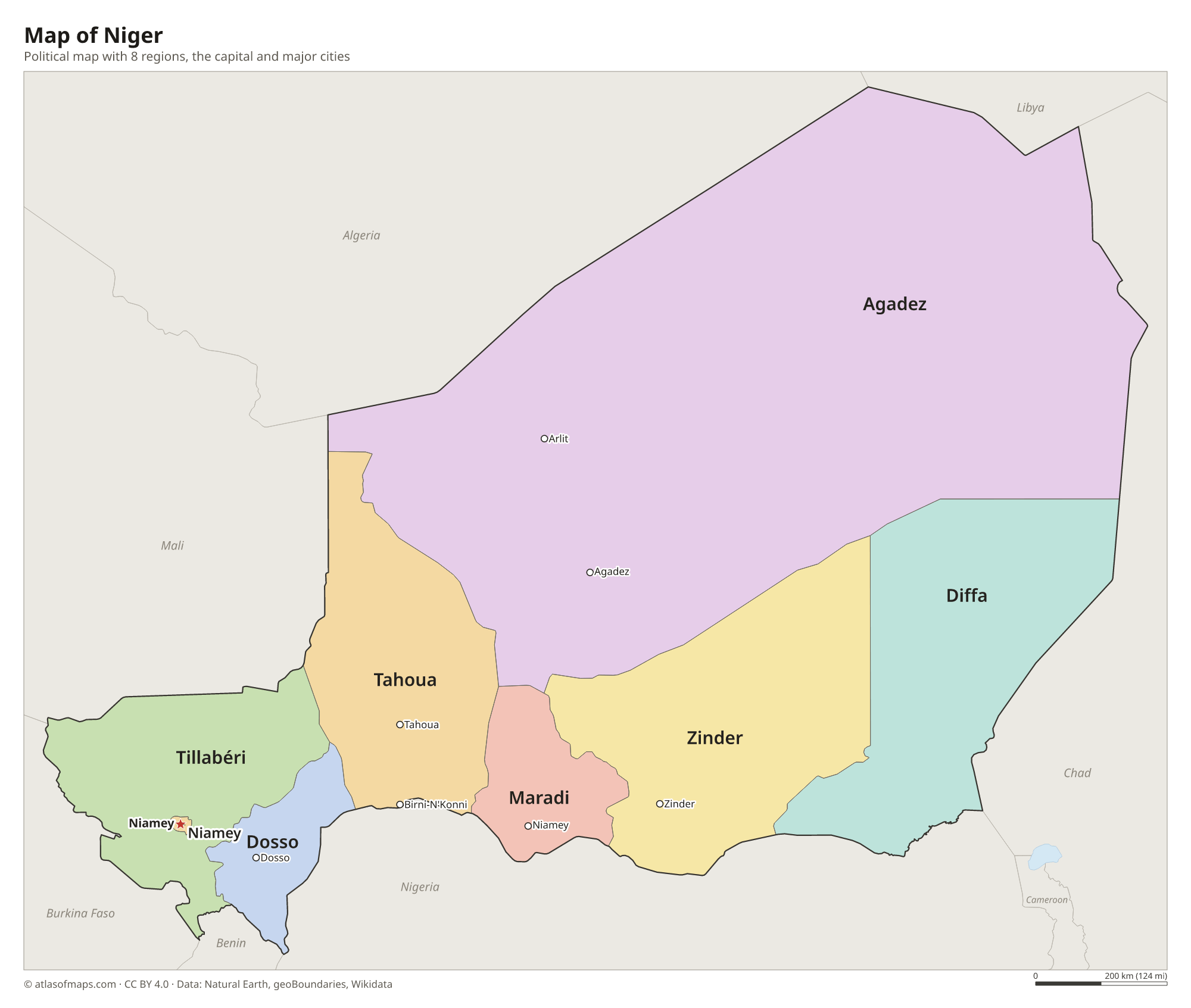 Political map of Niger with its regions and the capital Niamey