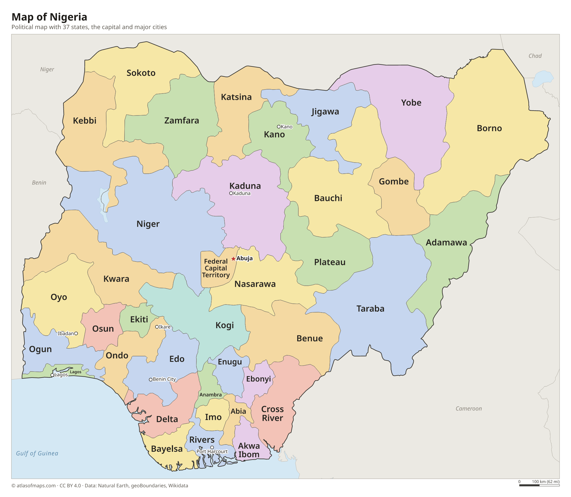 Political map of Nigeria with its states and the capital Abuja