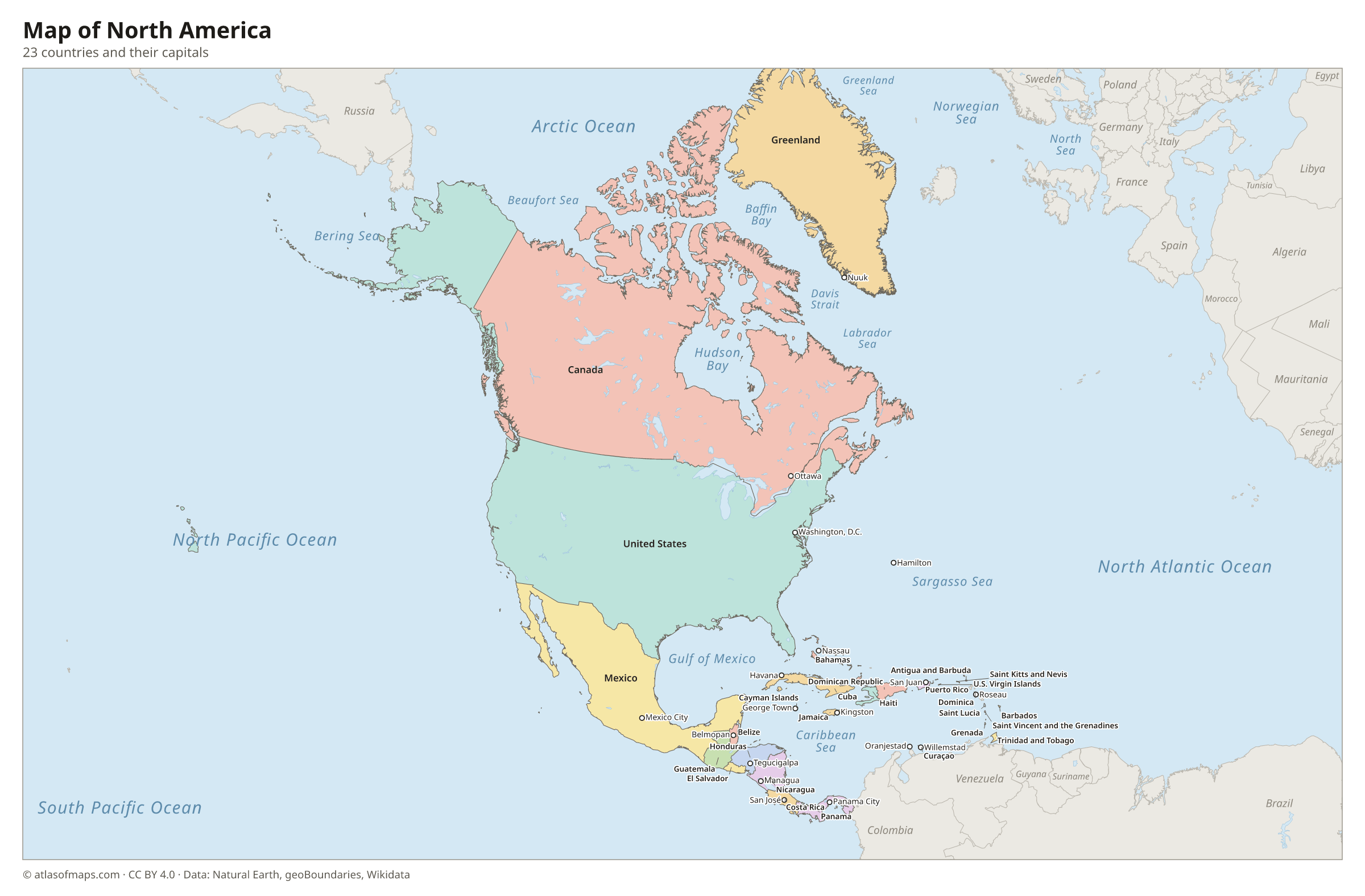 Map of North America with the countries and their capitals