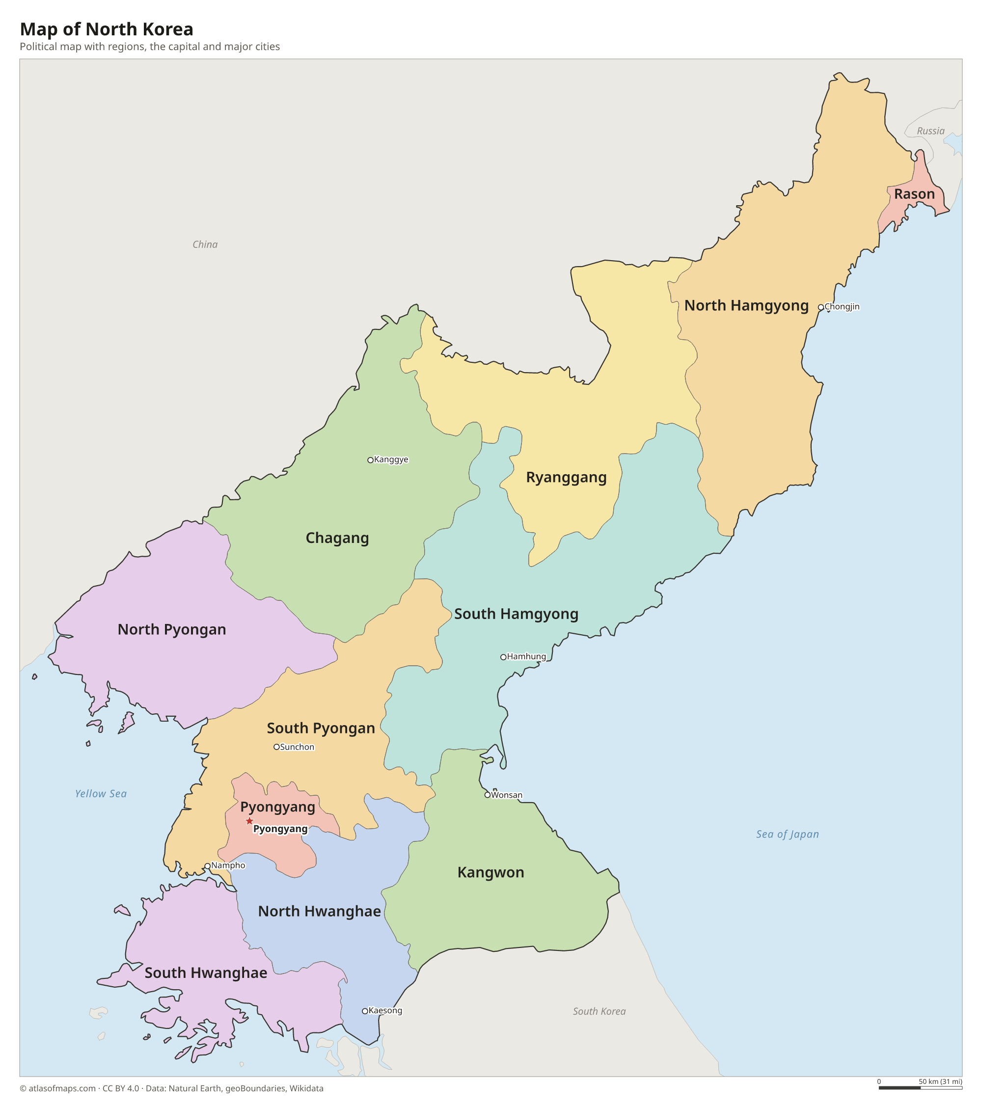 Political map of North Korea with its regions and the capital Pyongyang