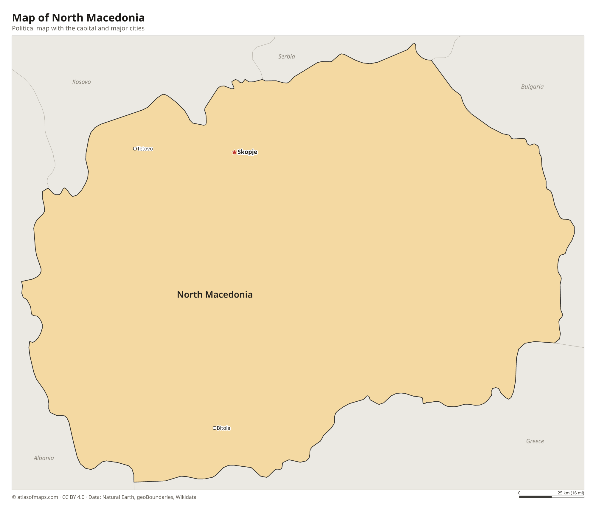 Political map of North Macedonia with the capital Skopje