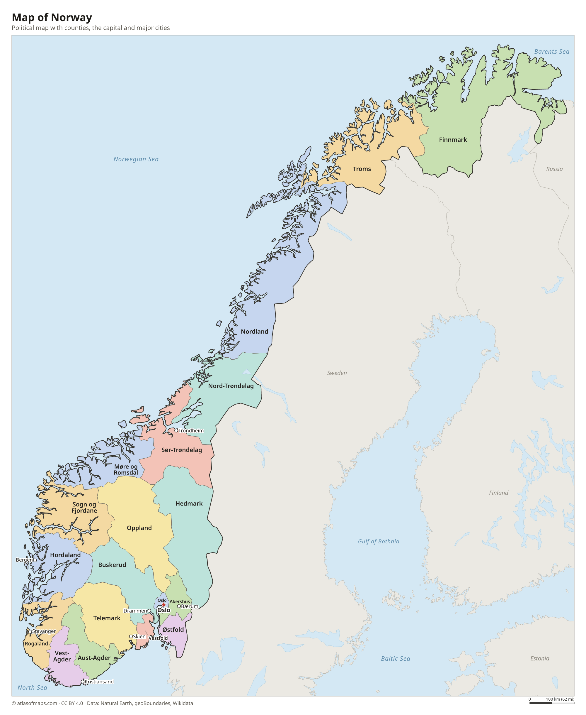 Political map of Norway with its counties and the capital Oslo