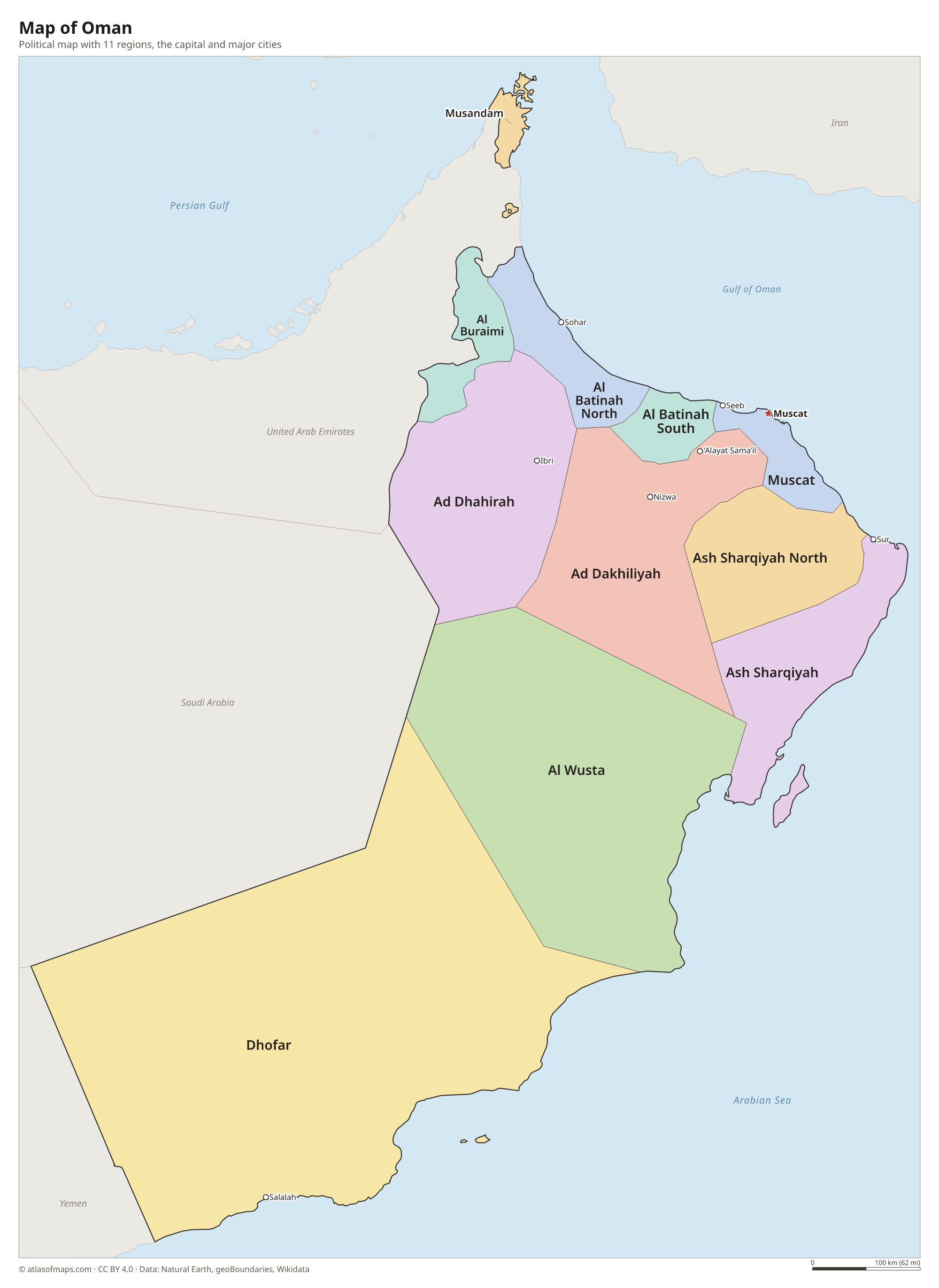 Political map of Oman with its regions and the capital Muscat