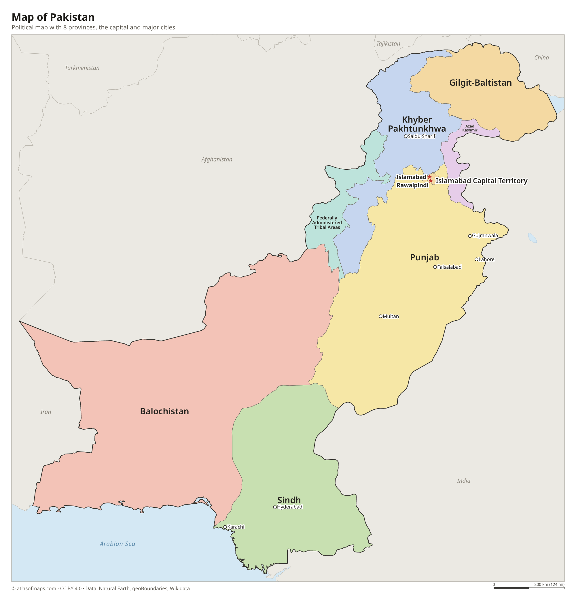 Political map of Pakistan with its provinces and the capital Islamabad and Rawalpindi