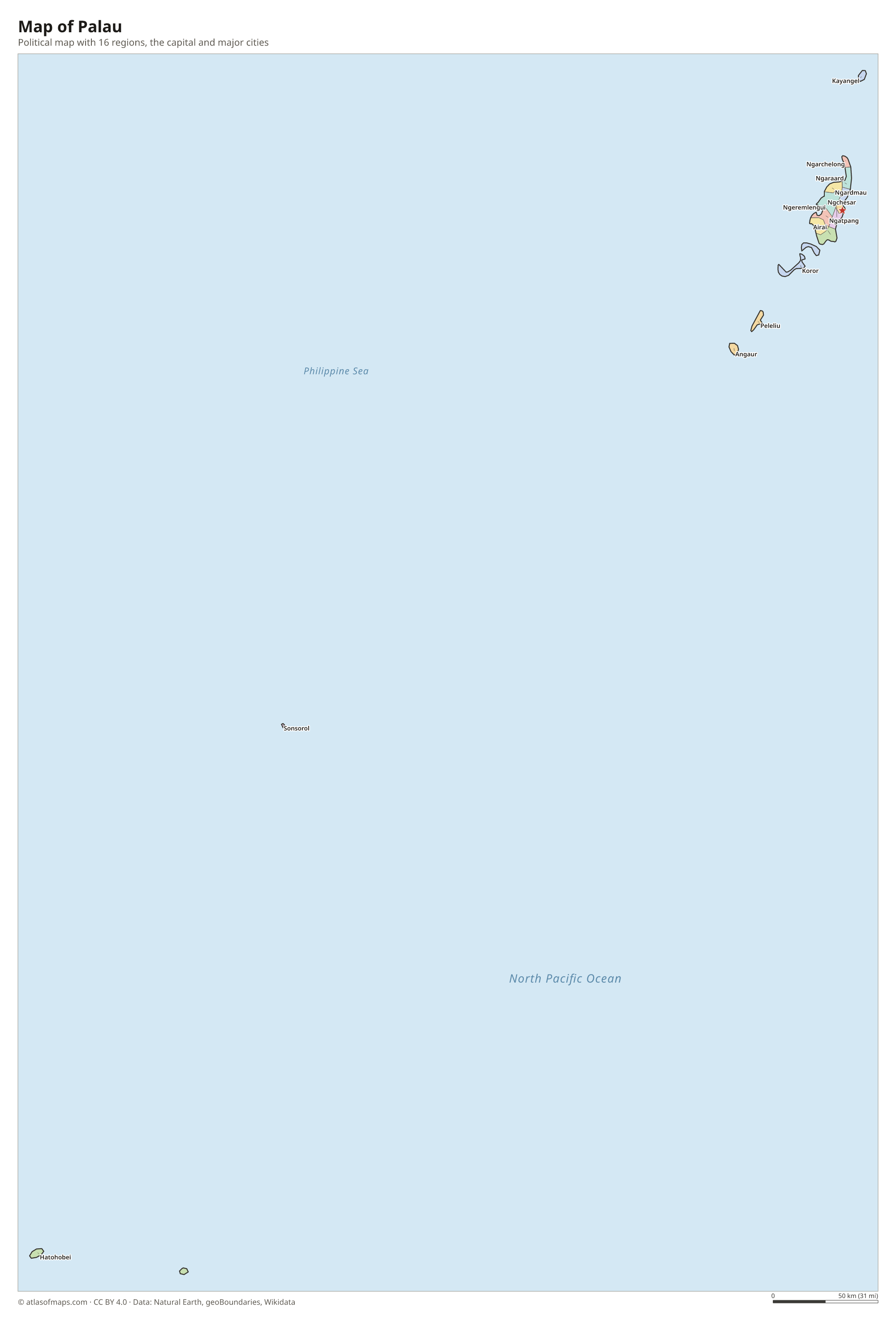Political map of Palau with its regions and the capital Ngerulmud