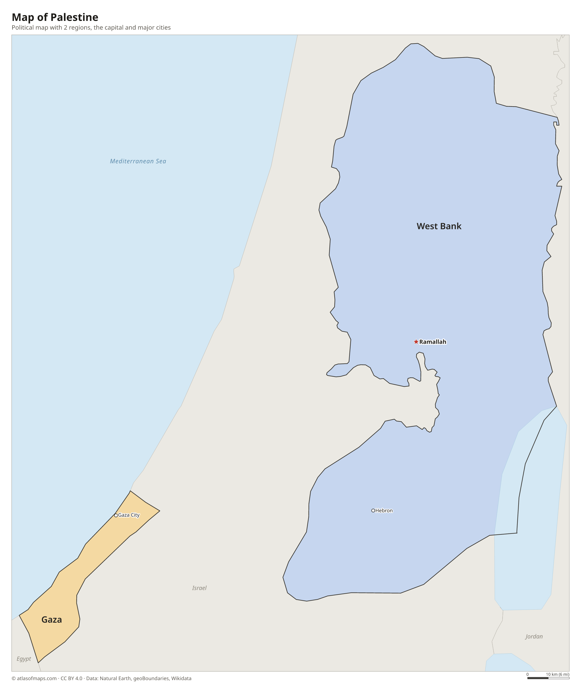 Political map of Palestine with its regions and the capital Ramallah