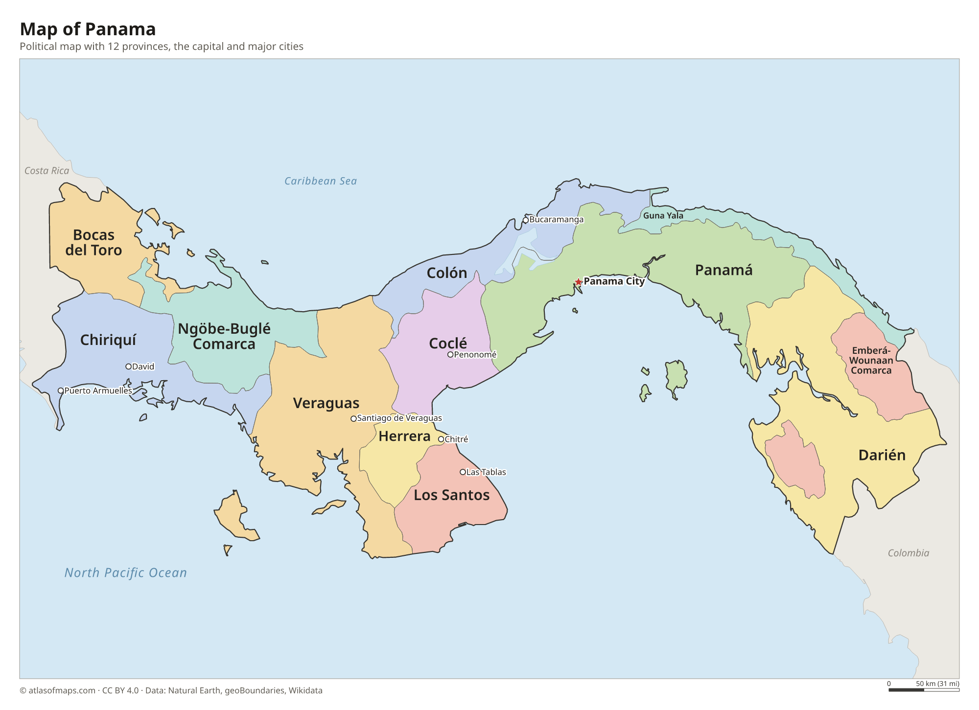 Political map of Panama with its provinces and the capital Panama City
