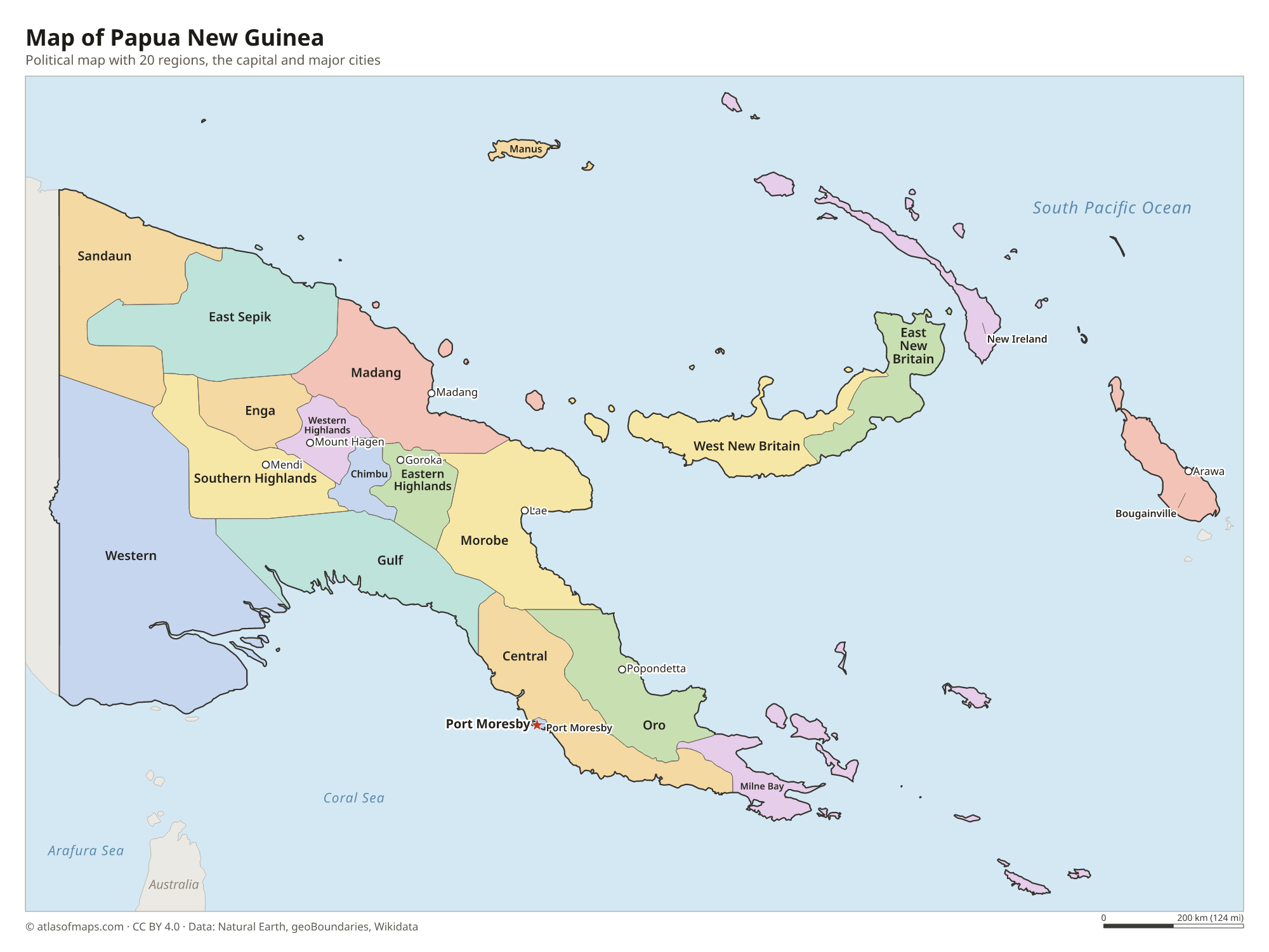 Political map of Papua New Guinea with its regions and the capital Port Moresby