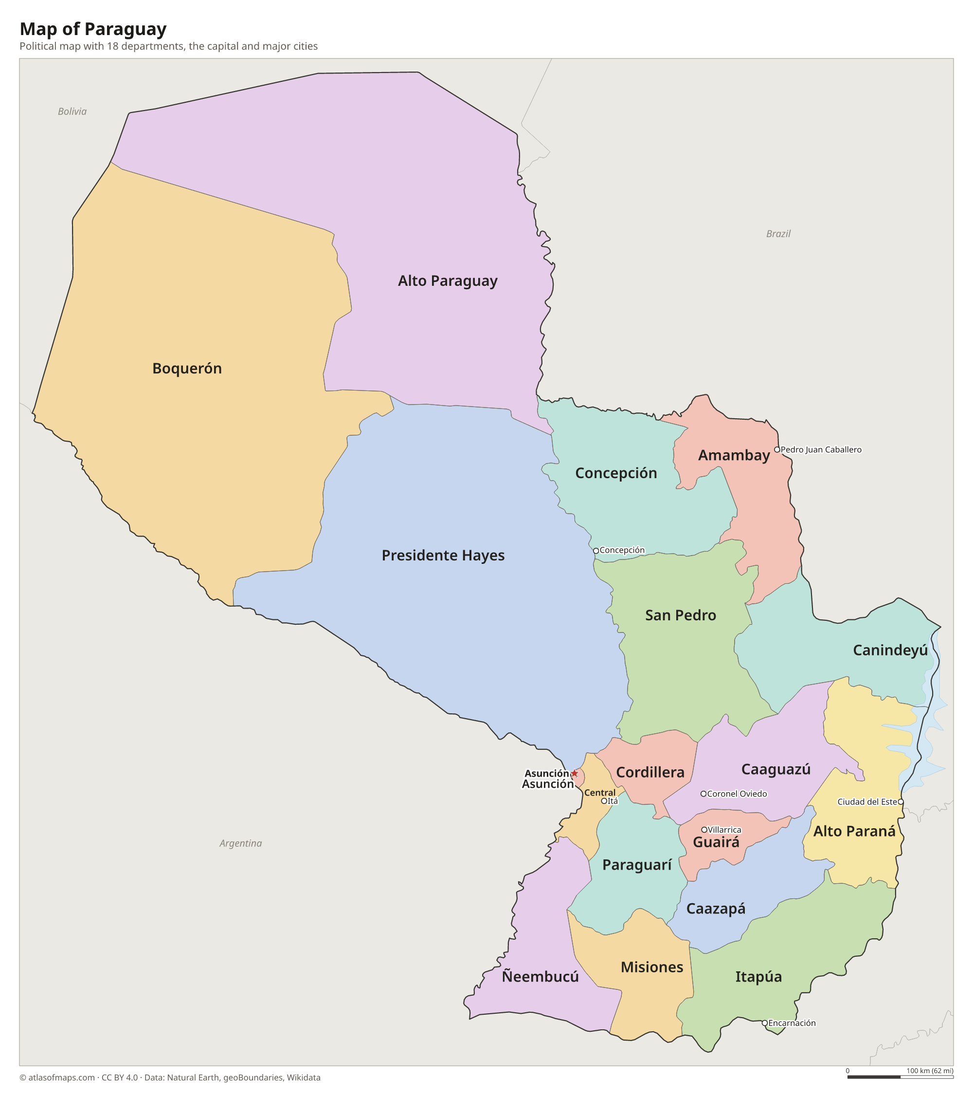 Political map of Paraguay with its departments and the capital Asunción