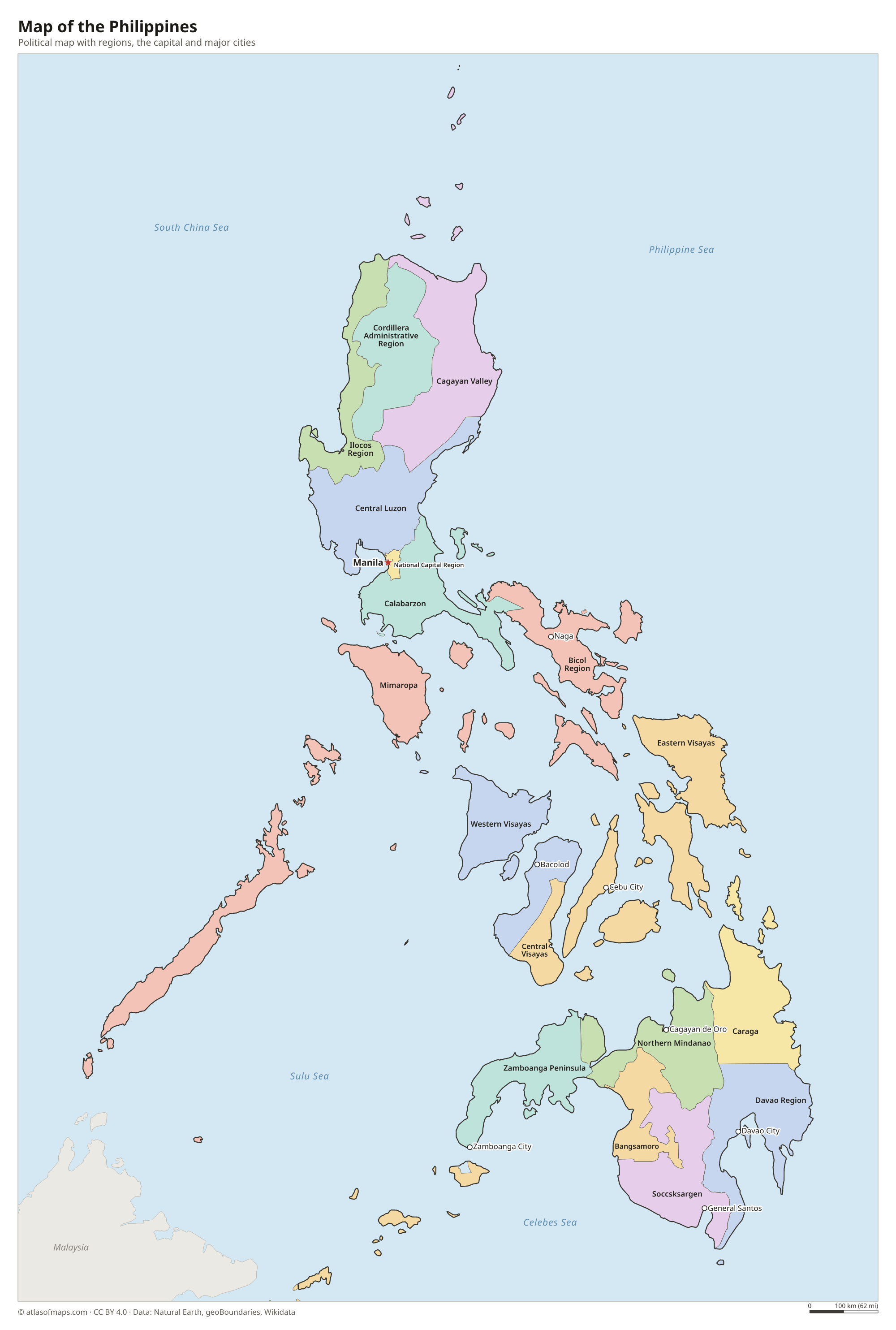 Political map of the Philippines with its regions and the capital Manila