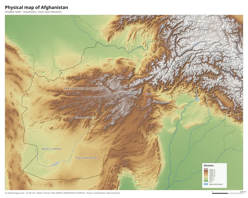 Physical map of Afghanistan