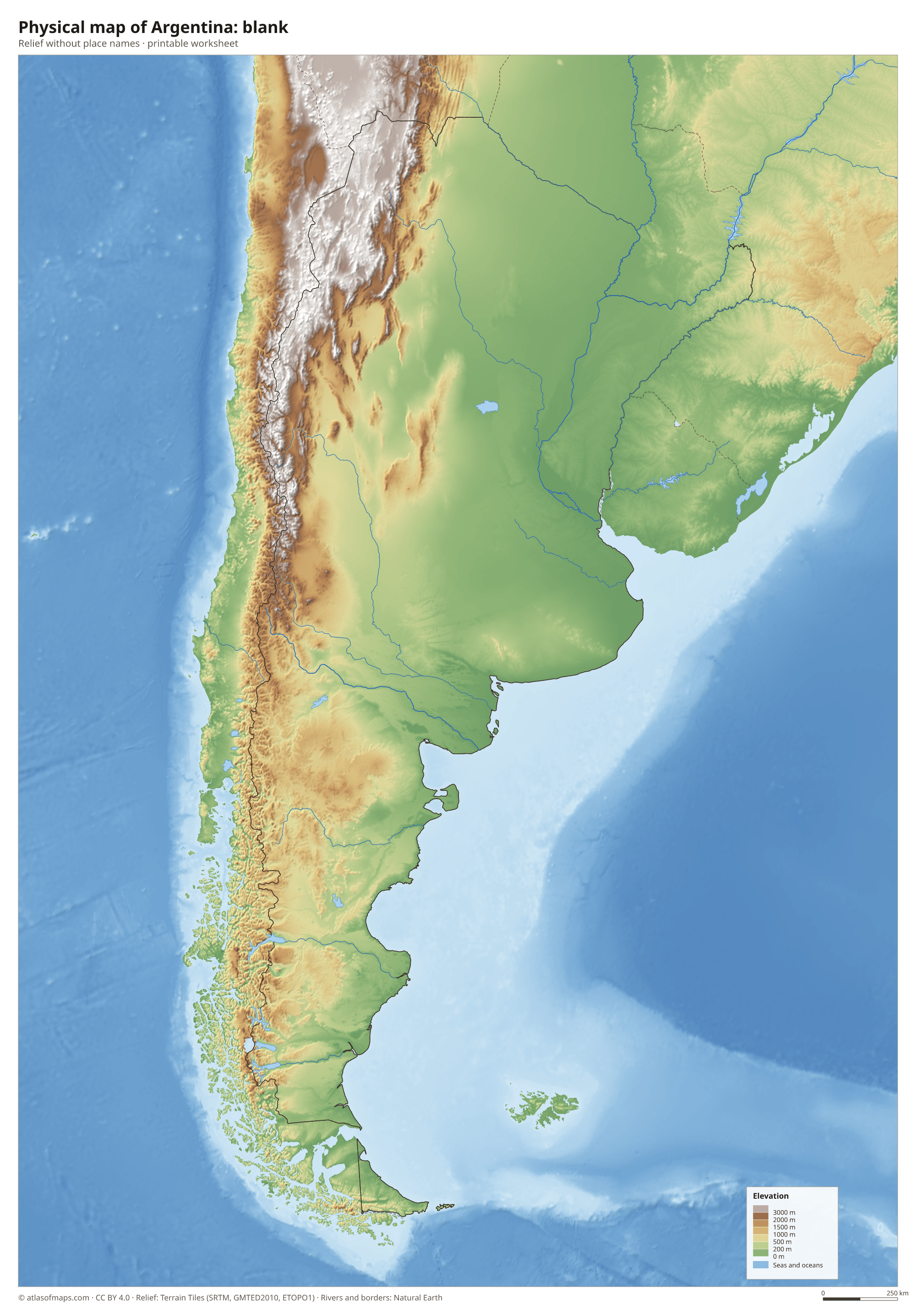 Physical map of Argentina without names