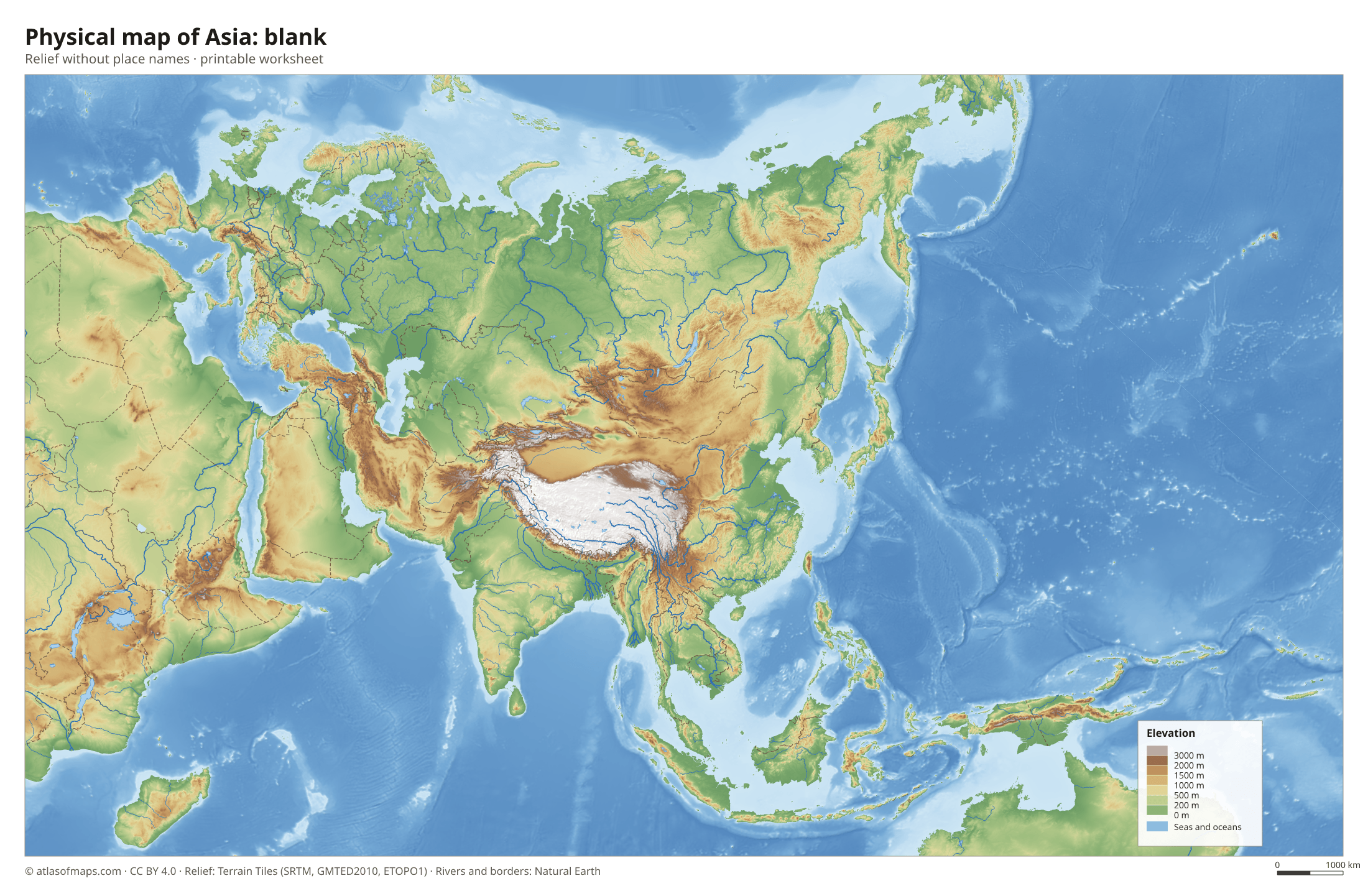 Physical map of Asia without names