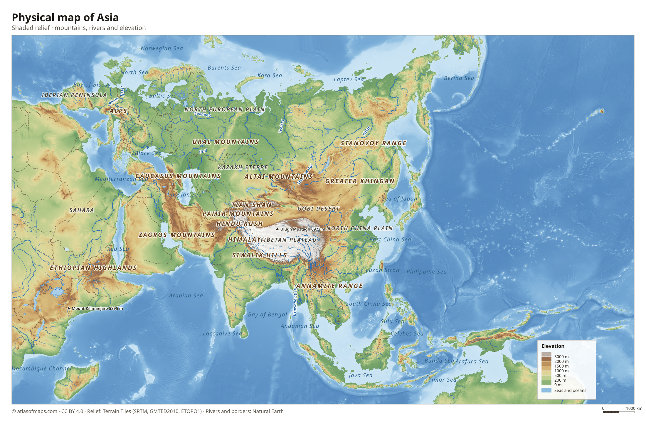 Physical map of Asia
