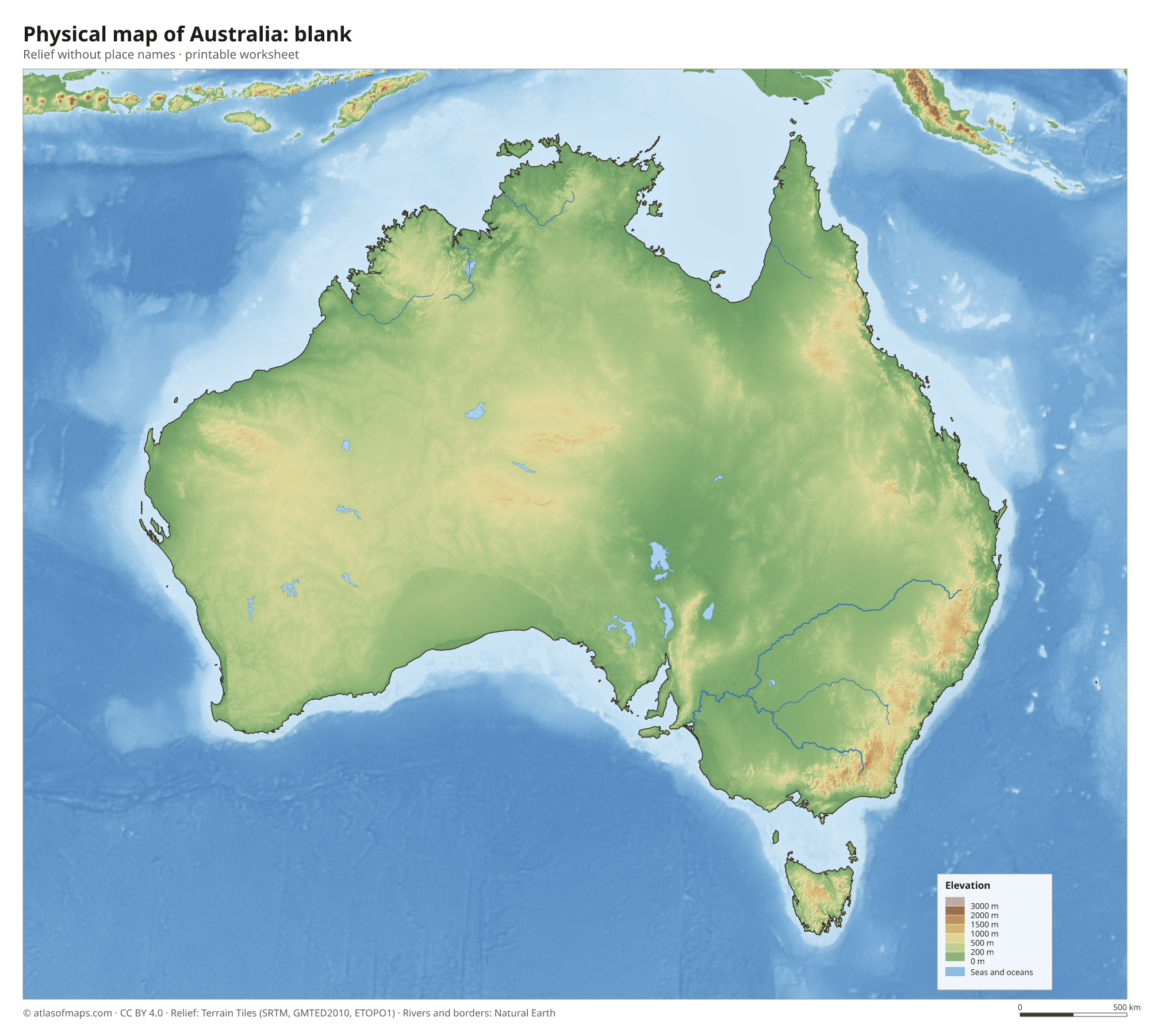 Physical map of Australia without names
