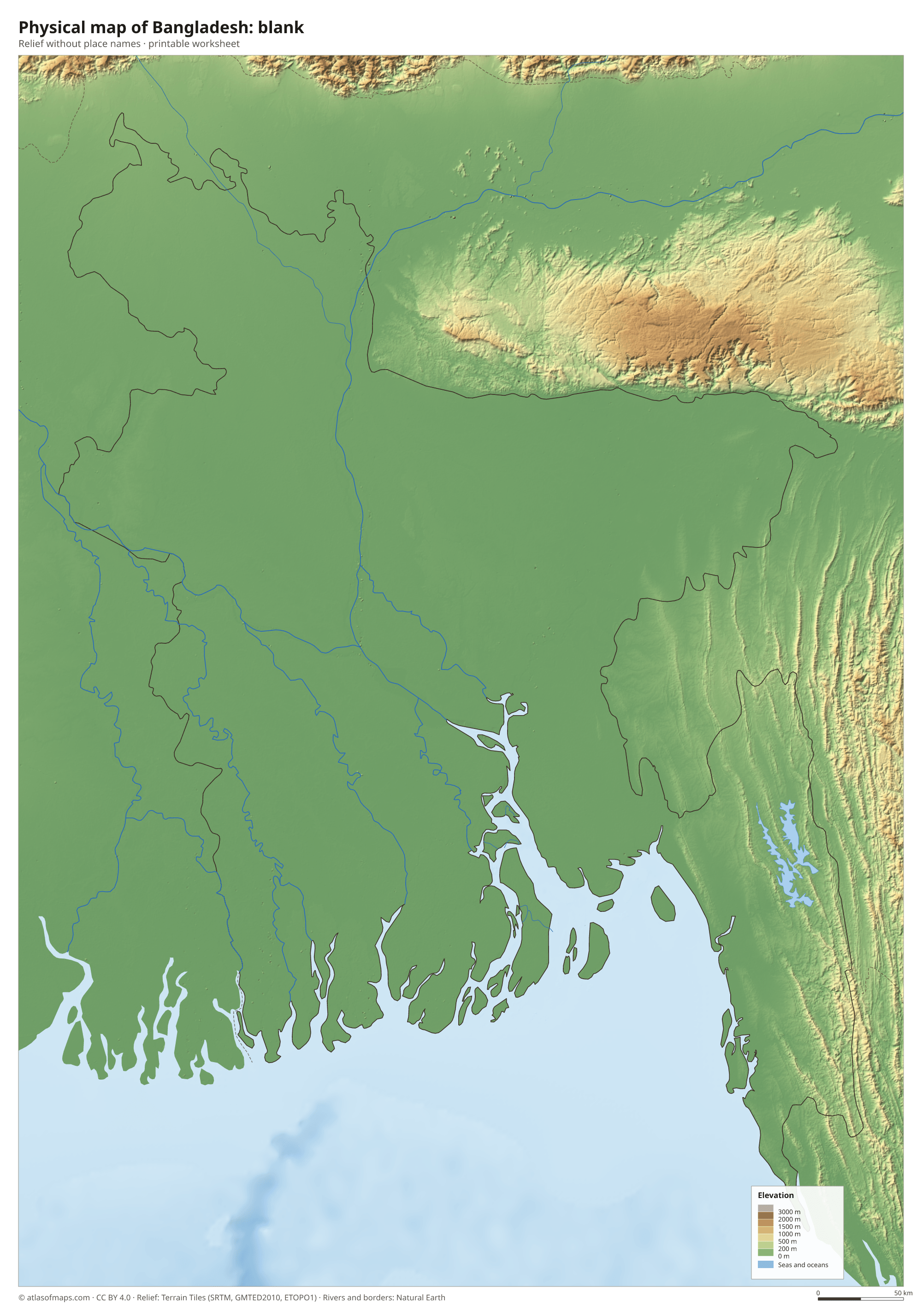 Physical map of Bangladesh without names