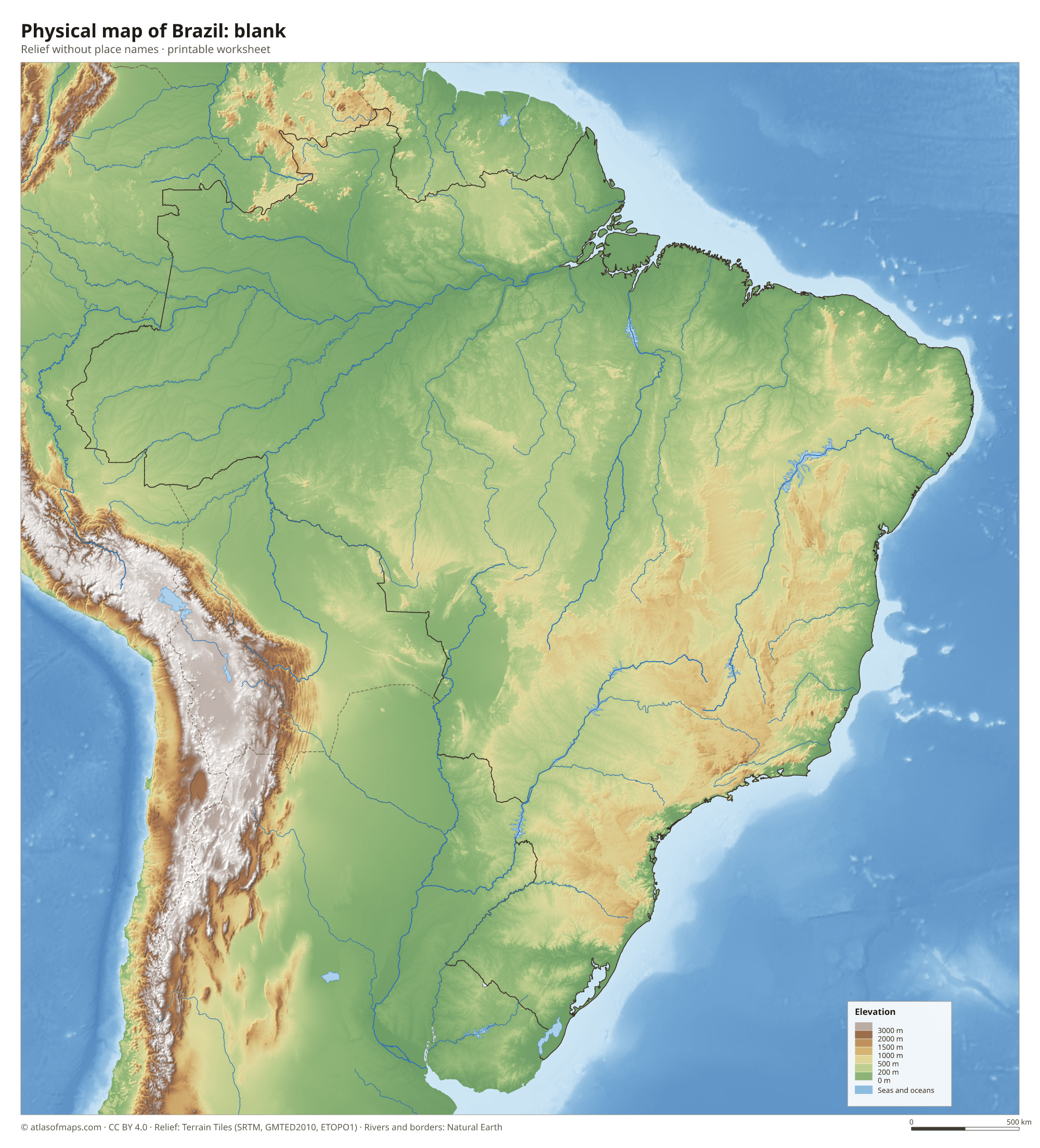 Physical map of Brazil without names