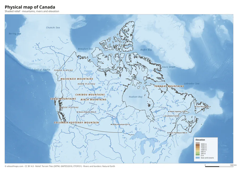 Physical map of Canada