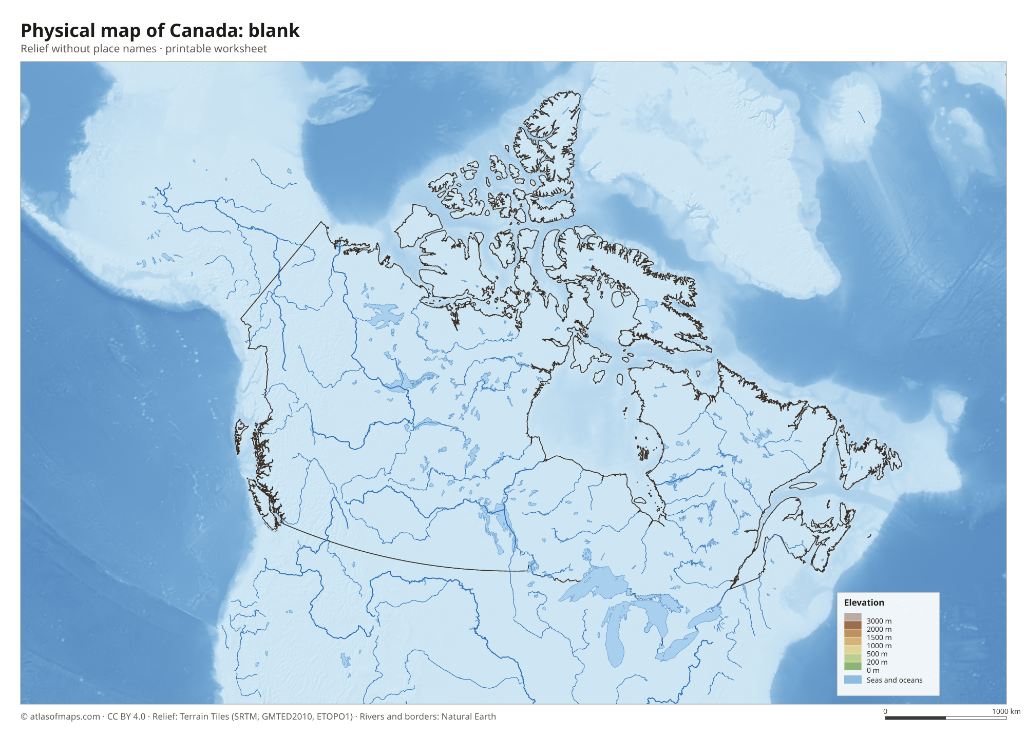 Physical map of Canada without names