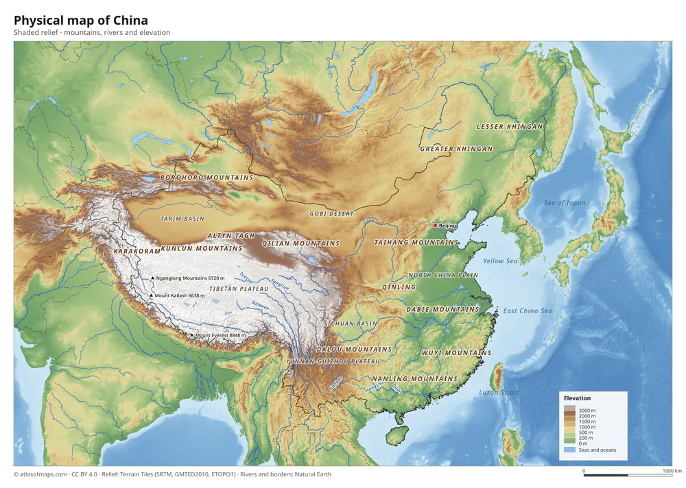 Physical map of China