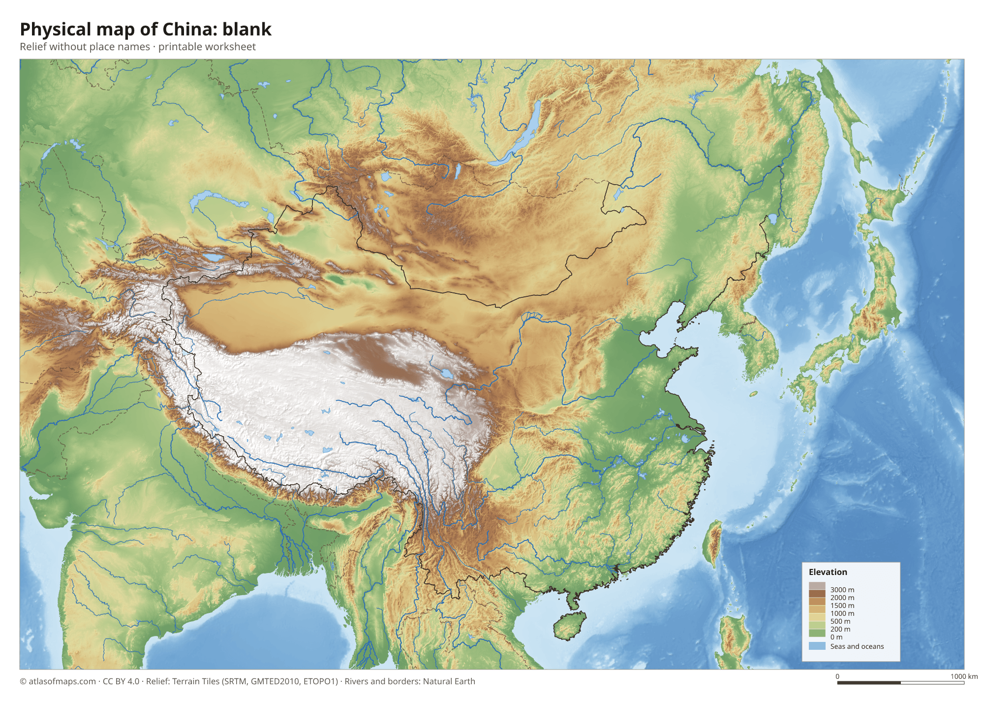 Physical map of China without names