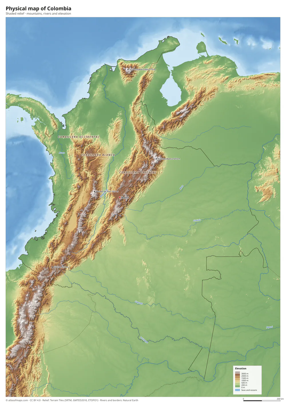 Physical map of Colombia