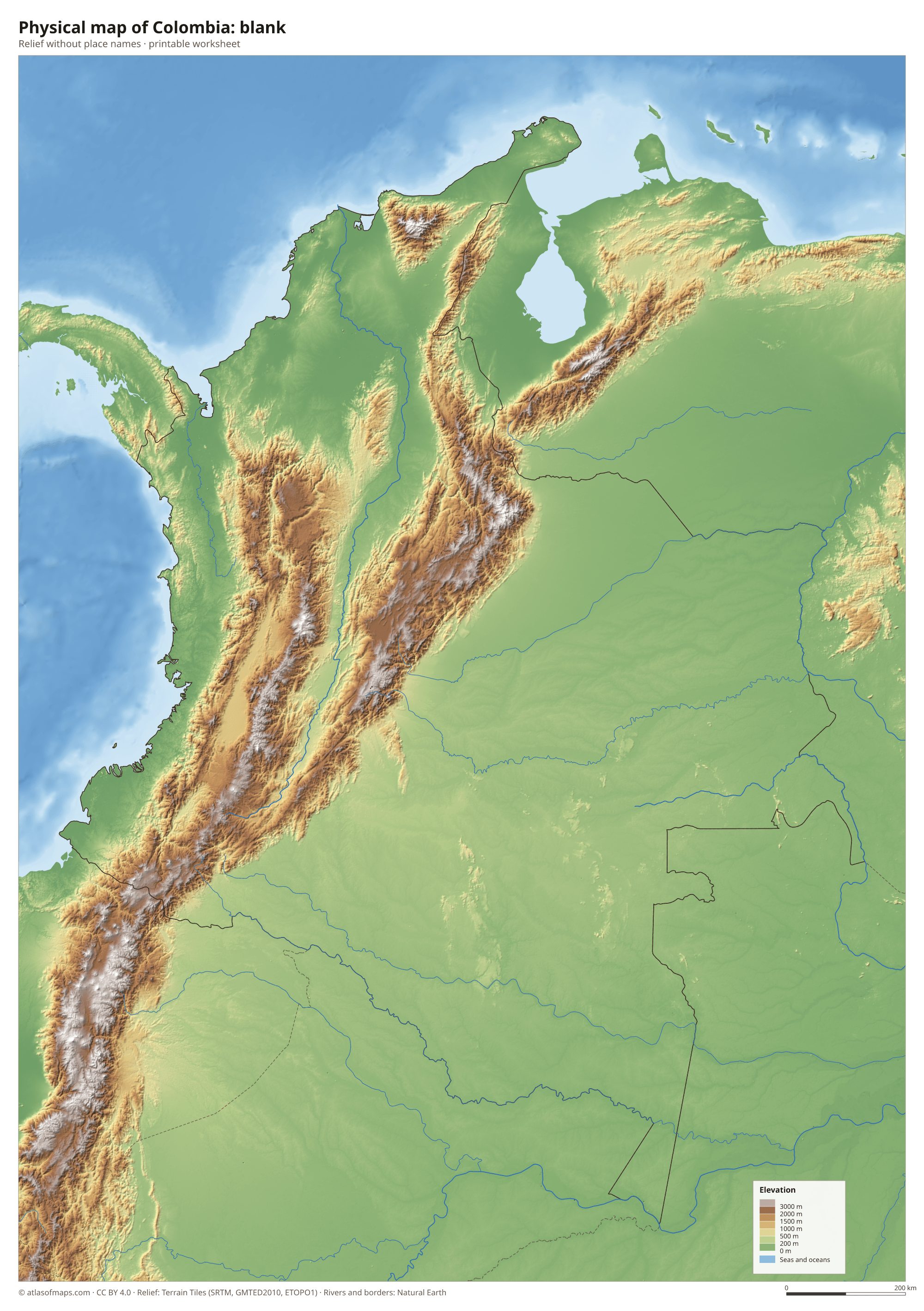 Physical map of Colombia without names