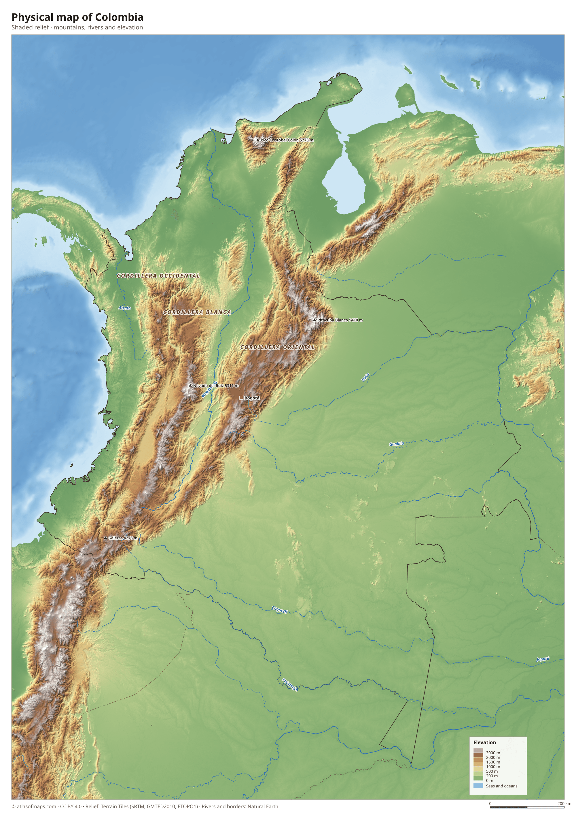 Physical map of Colombia